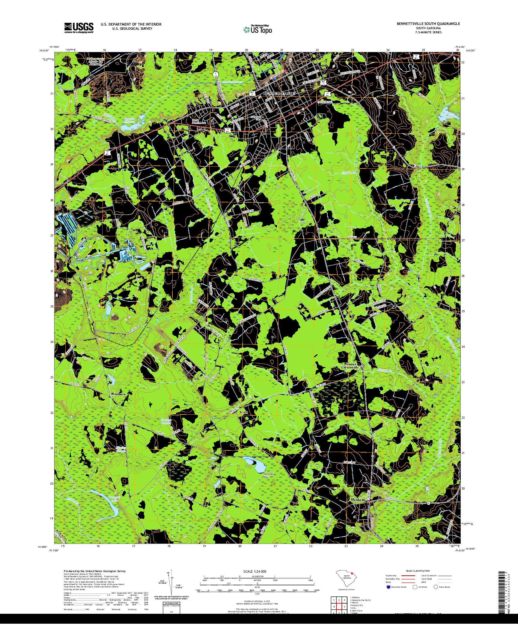 USGS US TOPO 7.5-MINUTE MAP FOR BENNETTSVILLE SOUTH, SC 2020