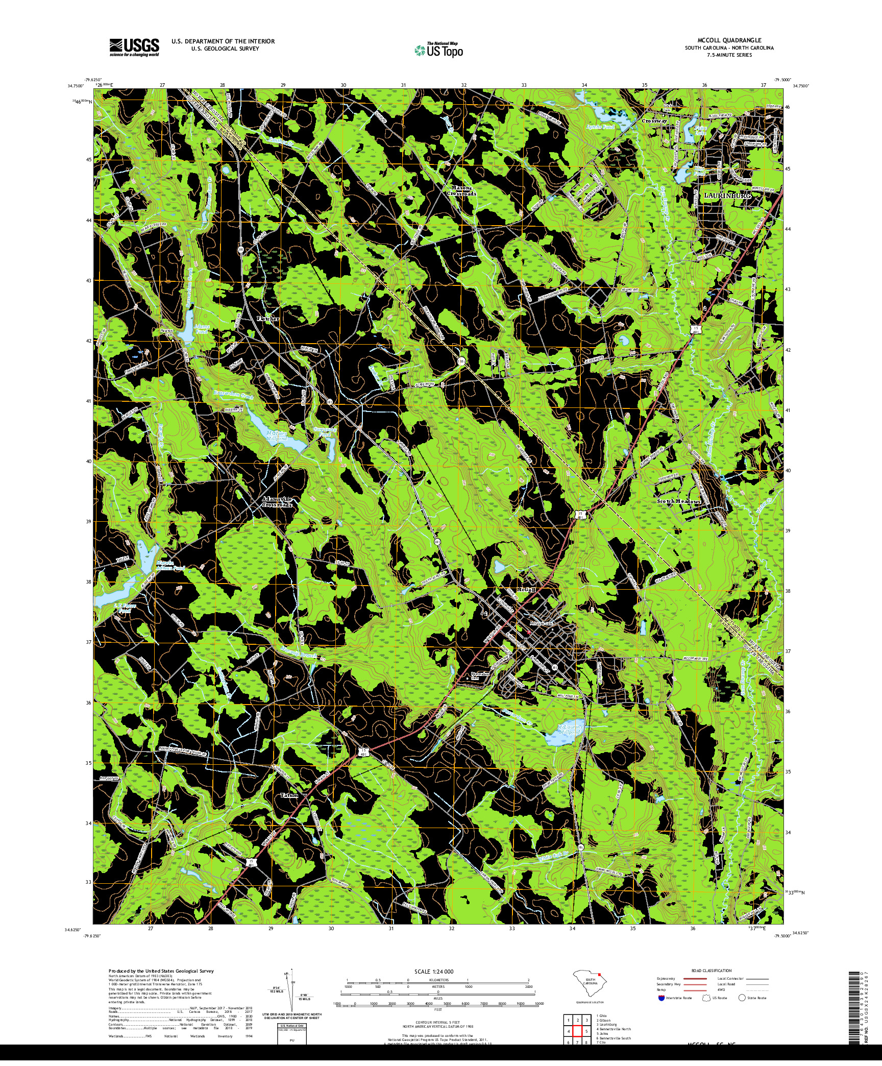 USGS US TOPO 7.5-MINUTE MAP FOR MCCOLL, SC,NC 2020