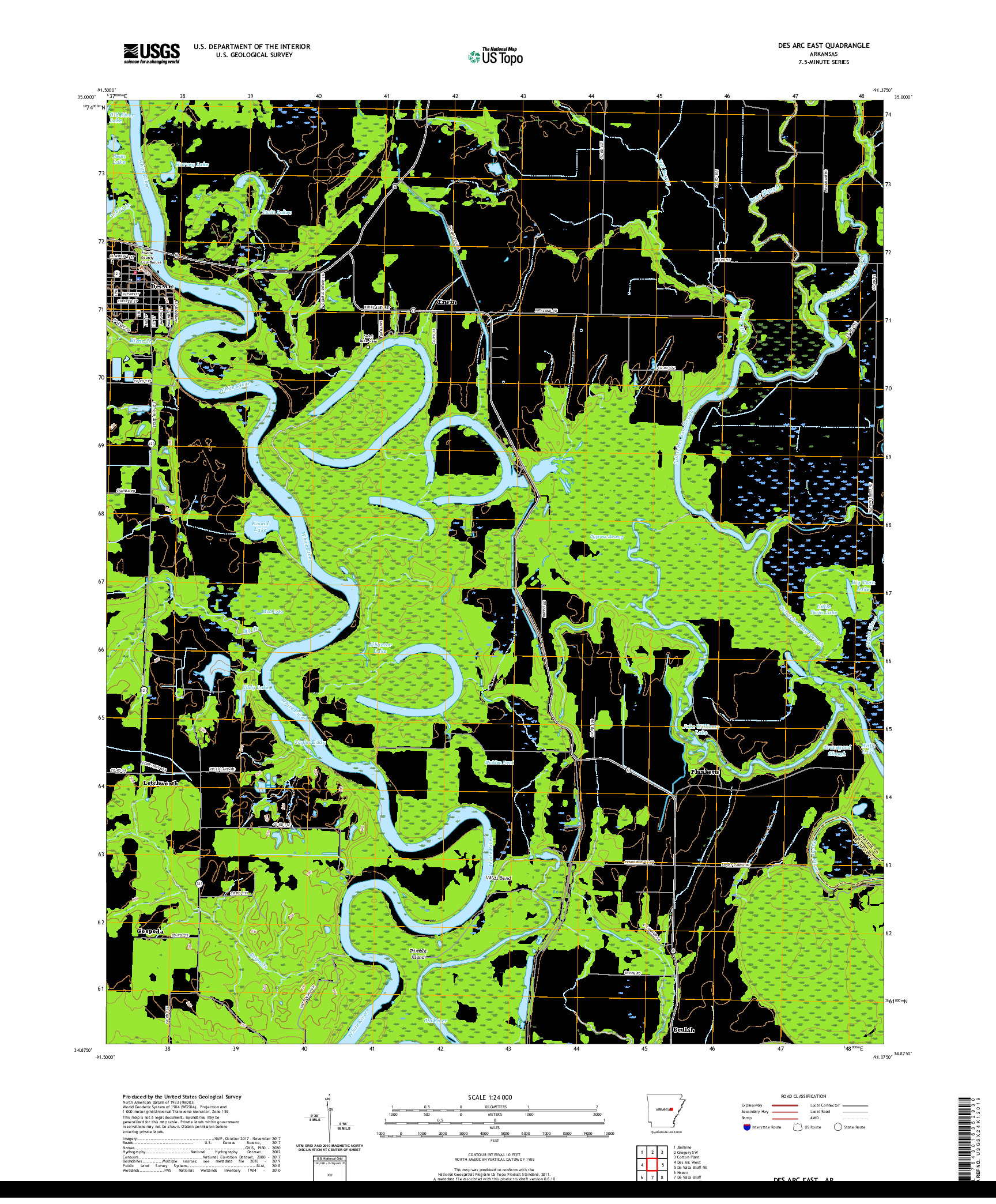 USGS US TOPO 7.5-MINUTE MAP FOR DES ARC EAST, AR 2020