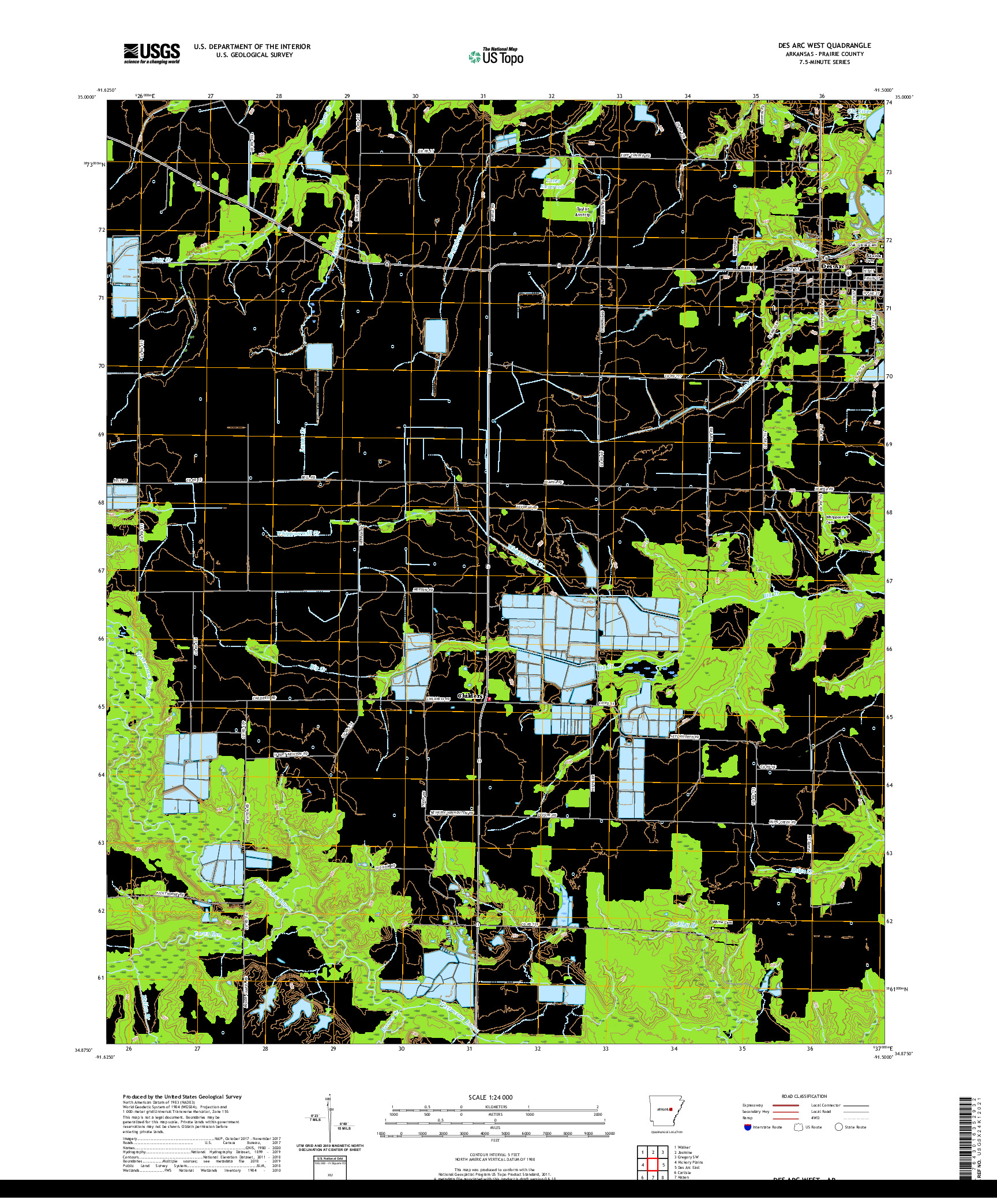 USGS US TOPO 7.5-MINUTE MAP FOR DES ARC WEST, AR 2020