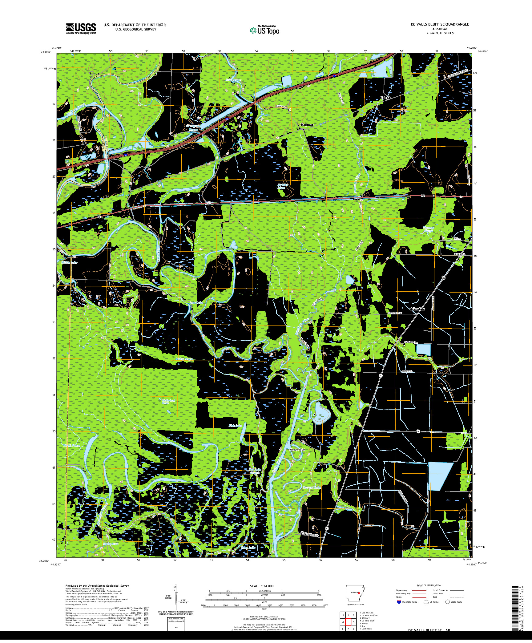 USGS US TOPO 7.5-MINUTE MAP FOR DE VALLS BLUFF SE, AR 2020
