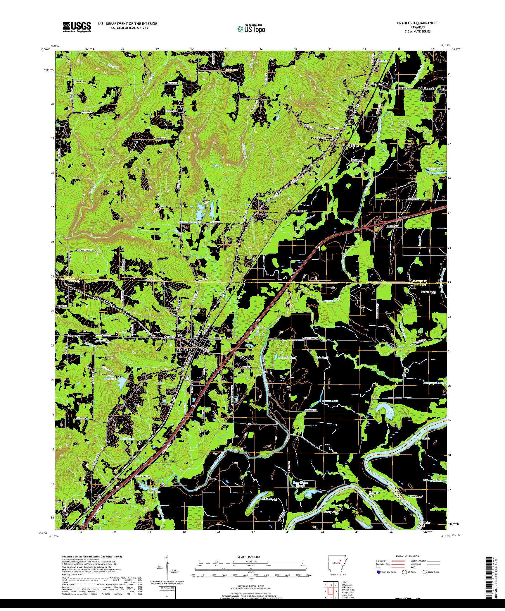 USGS US TOPO 7.5-MINUTE MAP FOR BRADFORD, AR 2020
