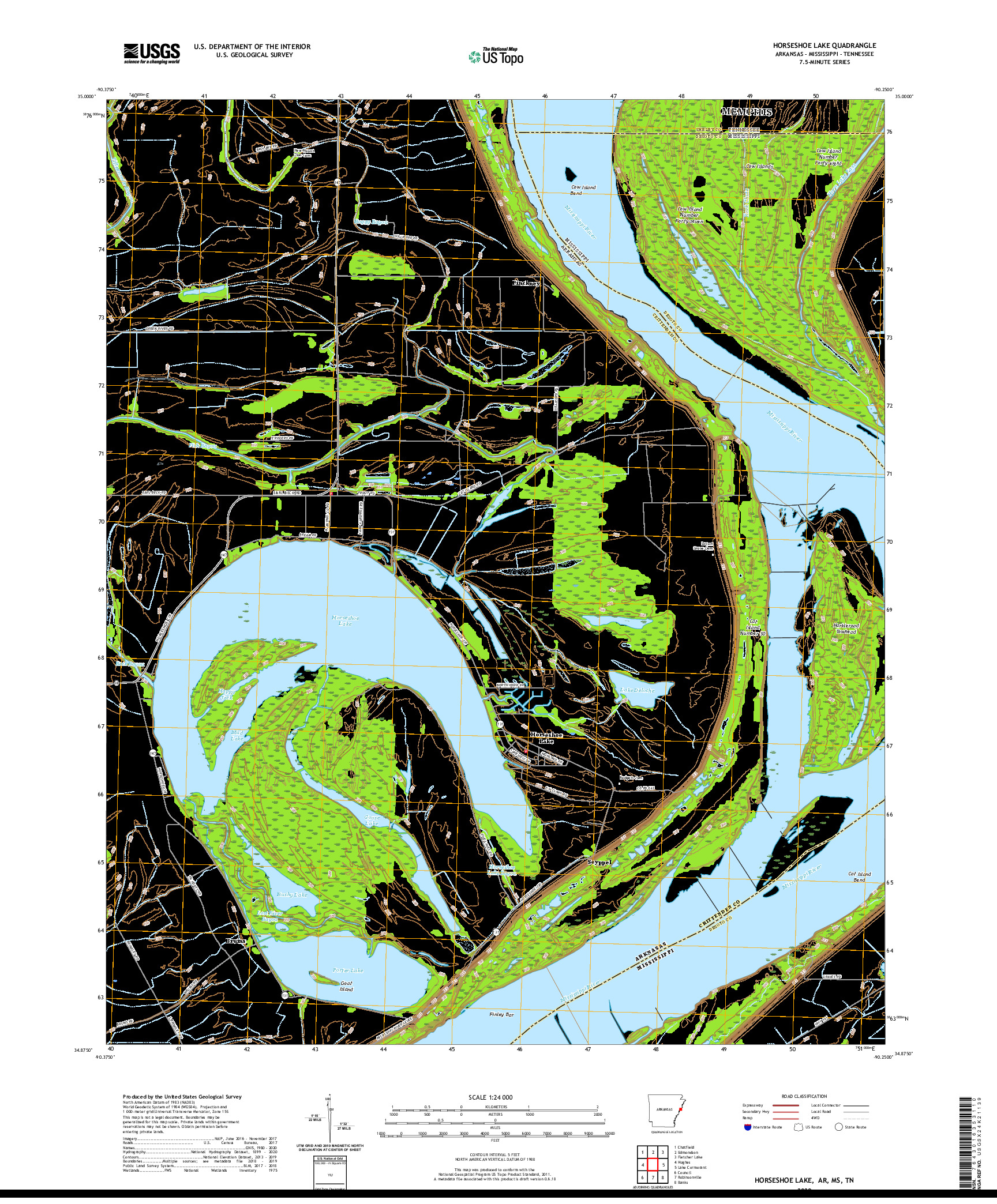 USGS US TOPO 7.5-MINUTE MAP FOR HORSESHOE LAKE, AR,MS,TN 2020