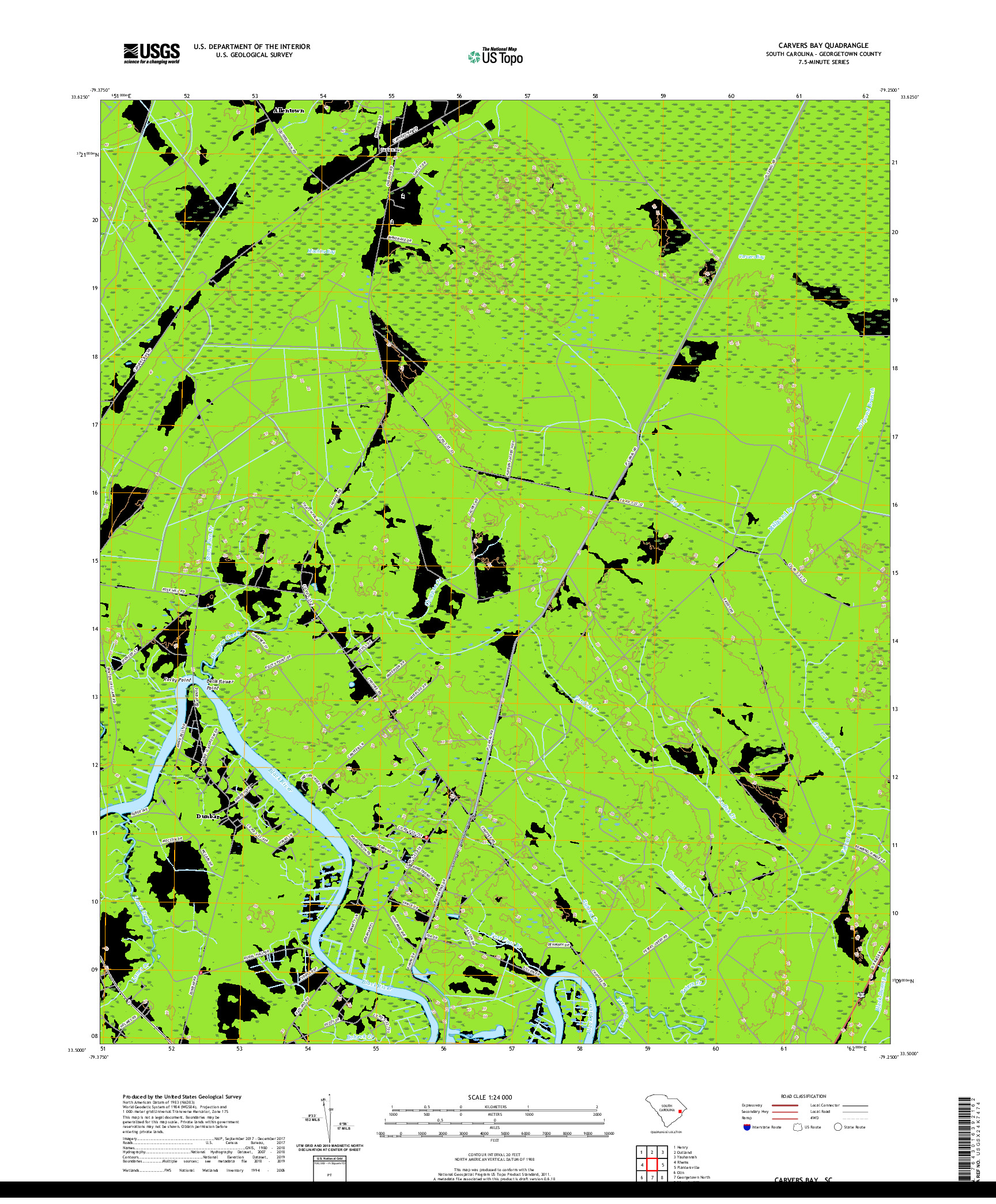 USGS US TOPO 7.5-MINUTE MAP FOR CARVERS BAY, SC 2020