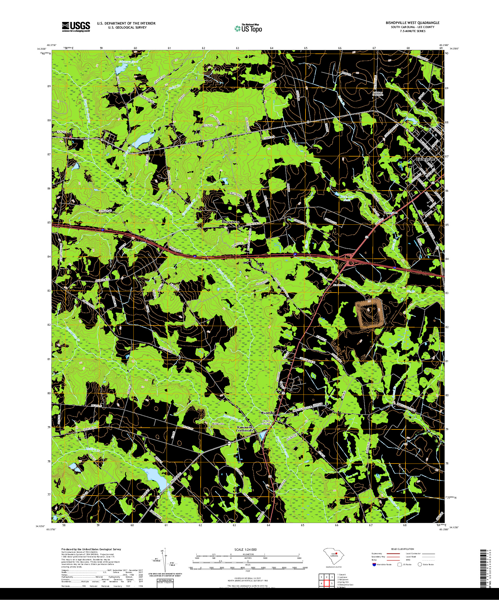 USGS US TOPO 7.5-MINUTE MAP FOR BISHOPVILLE WEST, SC 2020