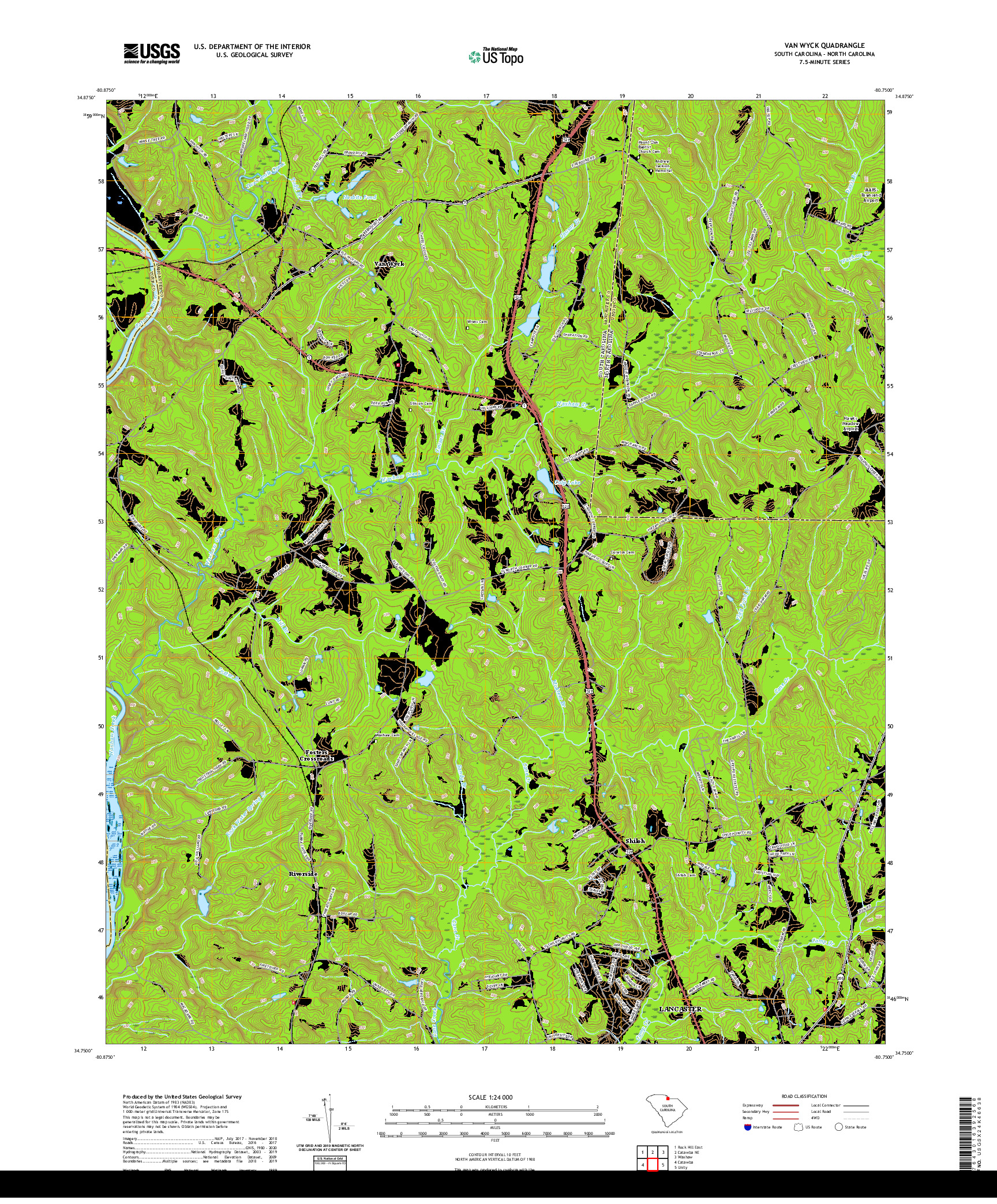 USGS US TOPO 7.5-MINUTE MAP FOR VAN WYCK, SC,NC 2020