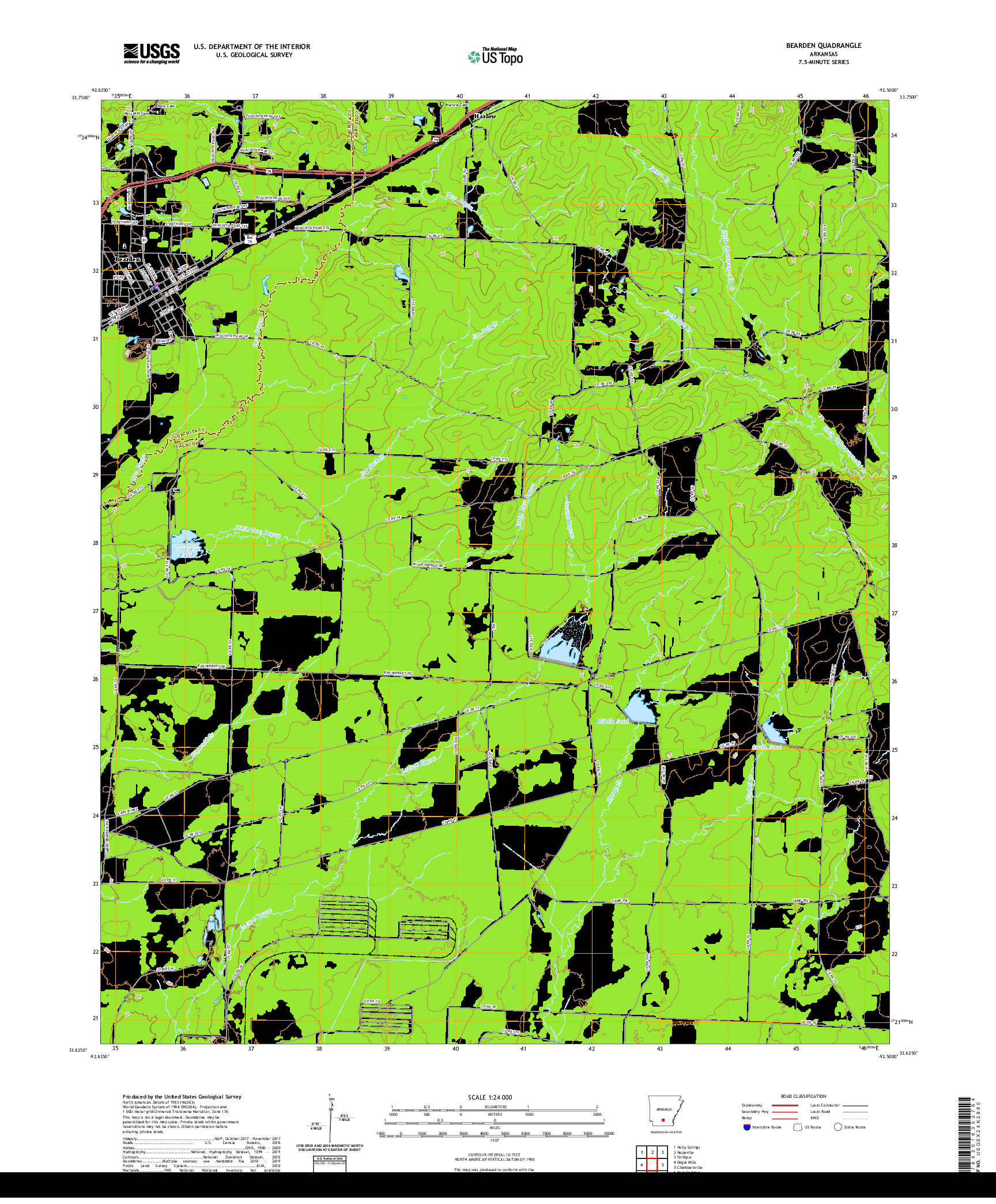 USGS US TOPO 7.5-MINUTE MAP FOR BEARDEN, AR 2020