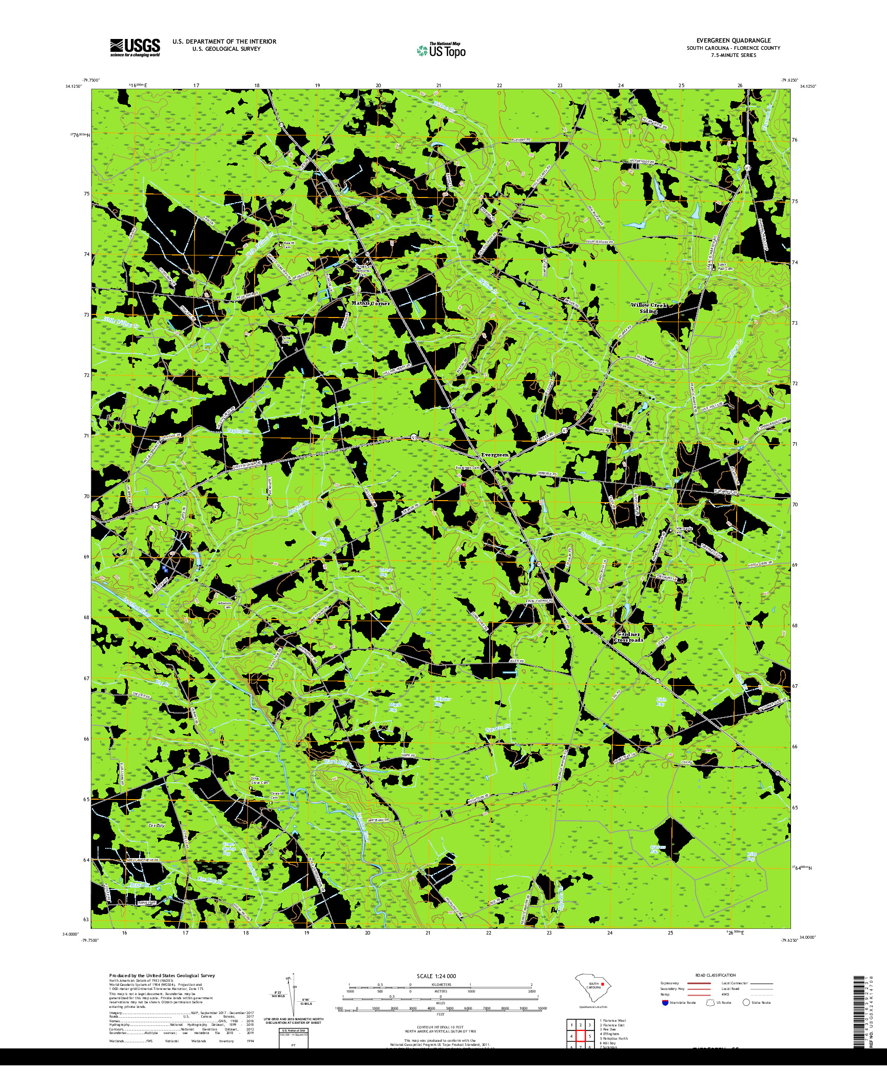 USGS US TOPO 7.5-MINUTE MAP FOR EVERGREEN, SC 2020