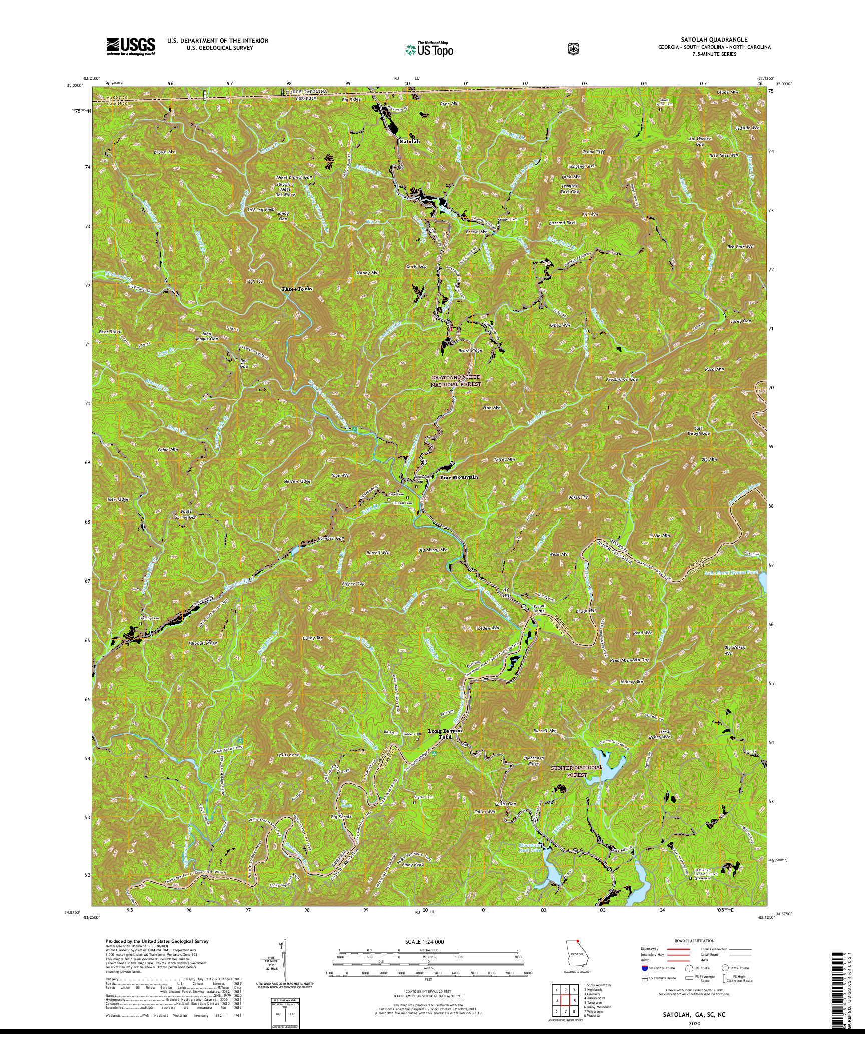 USGS US TOPO 7.5-MINUTE MAP FOR SATOLAH, GA,SC,NC 2020