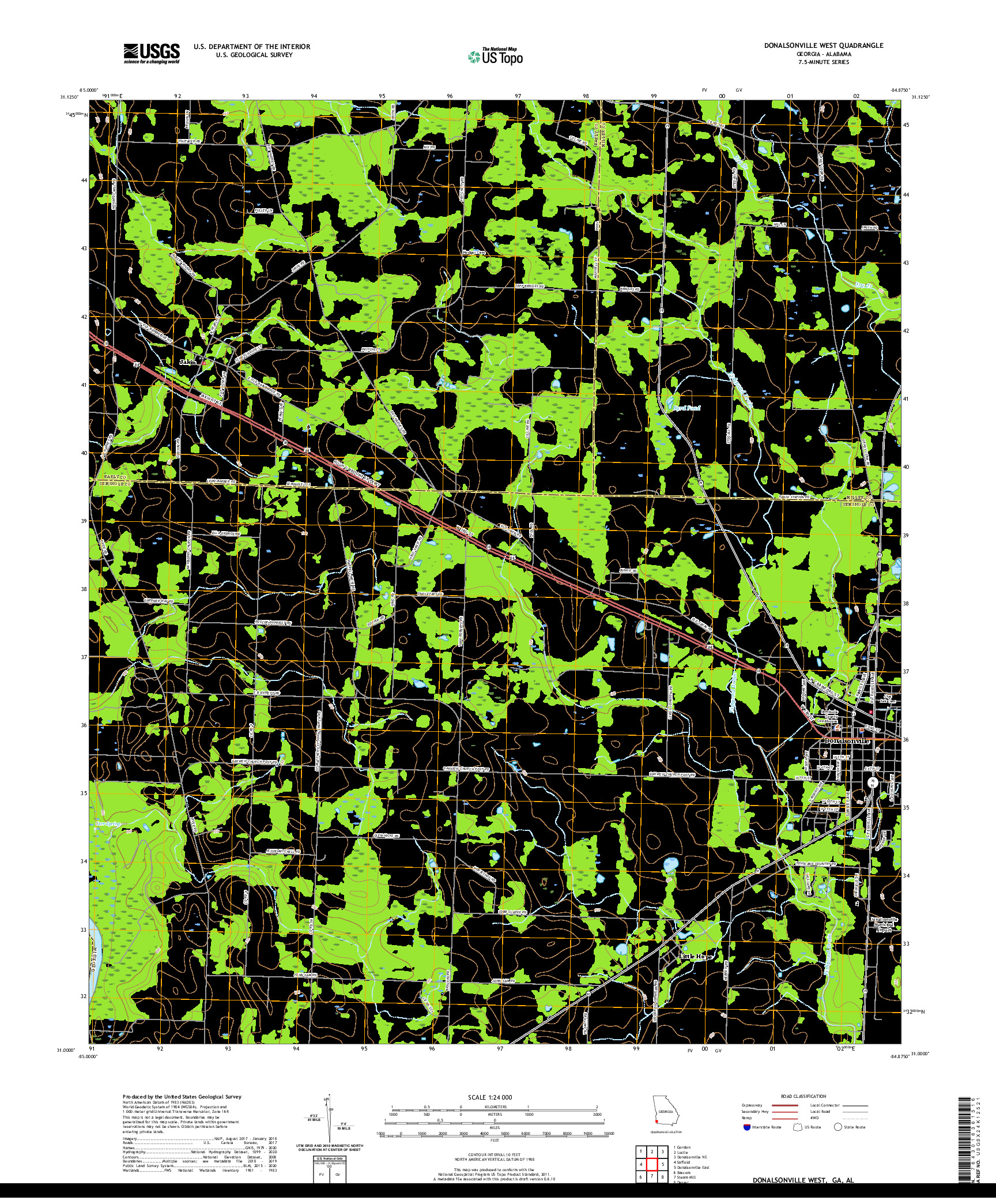 USGS US TOPO 7.5-MINUTE MAP FOR DONALSONVILLE WEST, GA,AL 2020