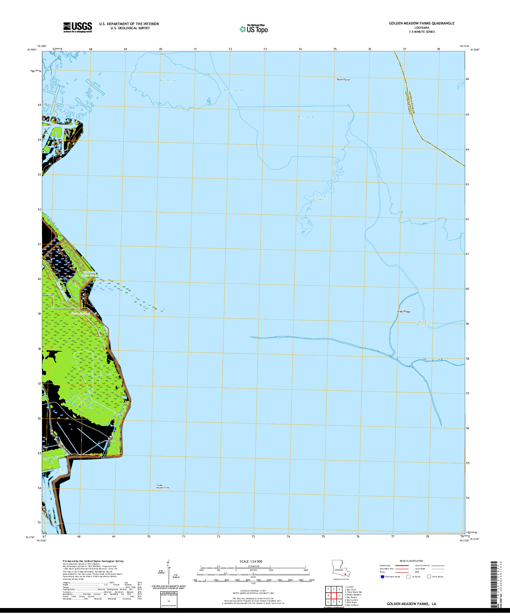 USGS US TOPO 7.5-MINUTE MAP FOR GOLDEN MEADOW FARMS, LA 2020