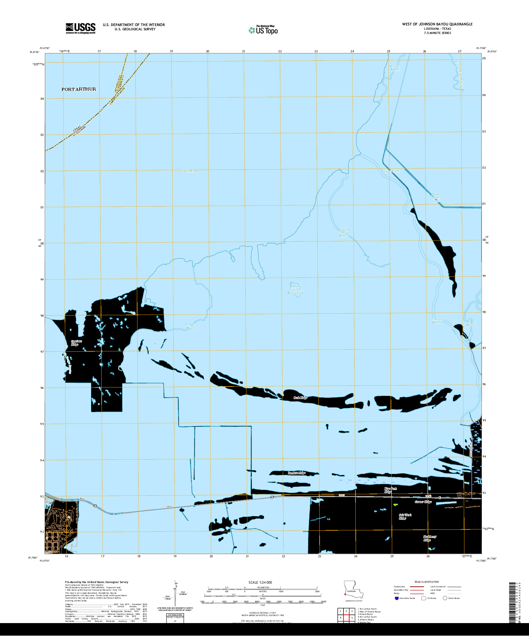 USGS US TOPO 7.5-MINUTE MAP FOR WEST OF JOHNSON BAYOU, LA,TX 2020