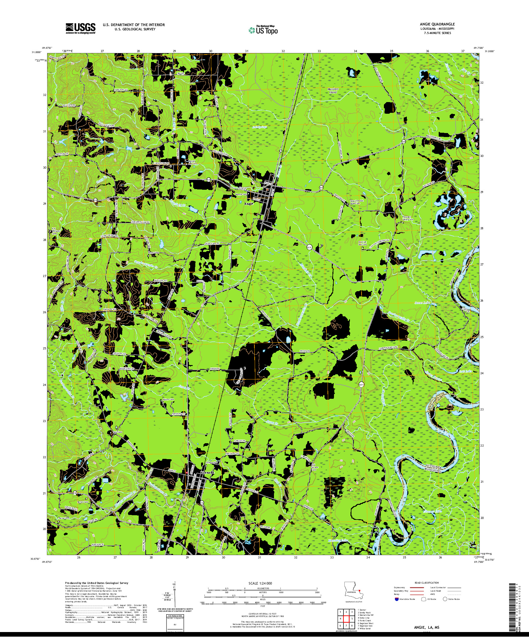 USGS US TOPO 7.5-MINUTE MAP FOR ANGIE, LA,MS 2020