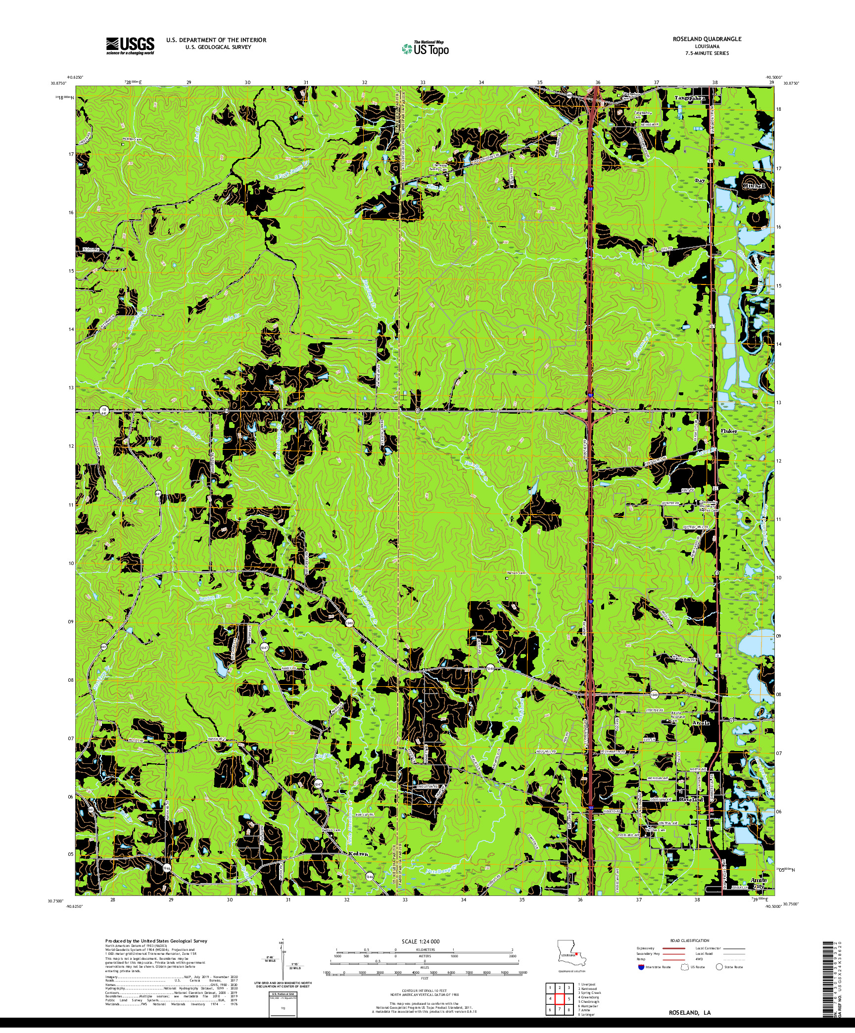 USGS US TOPO 7.5-MINUTE MAP FOR ROSELAND, LA 2020