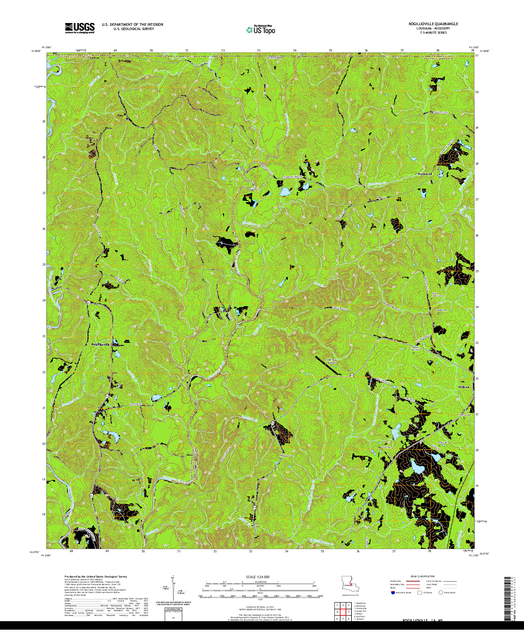 USGS US TOPO 7.5-MINUTE MAP FOR ROGILLIOVILLE, LA,MS 2020