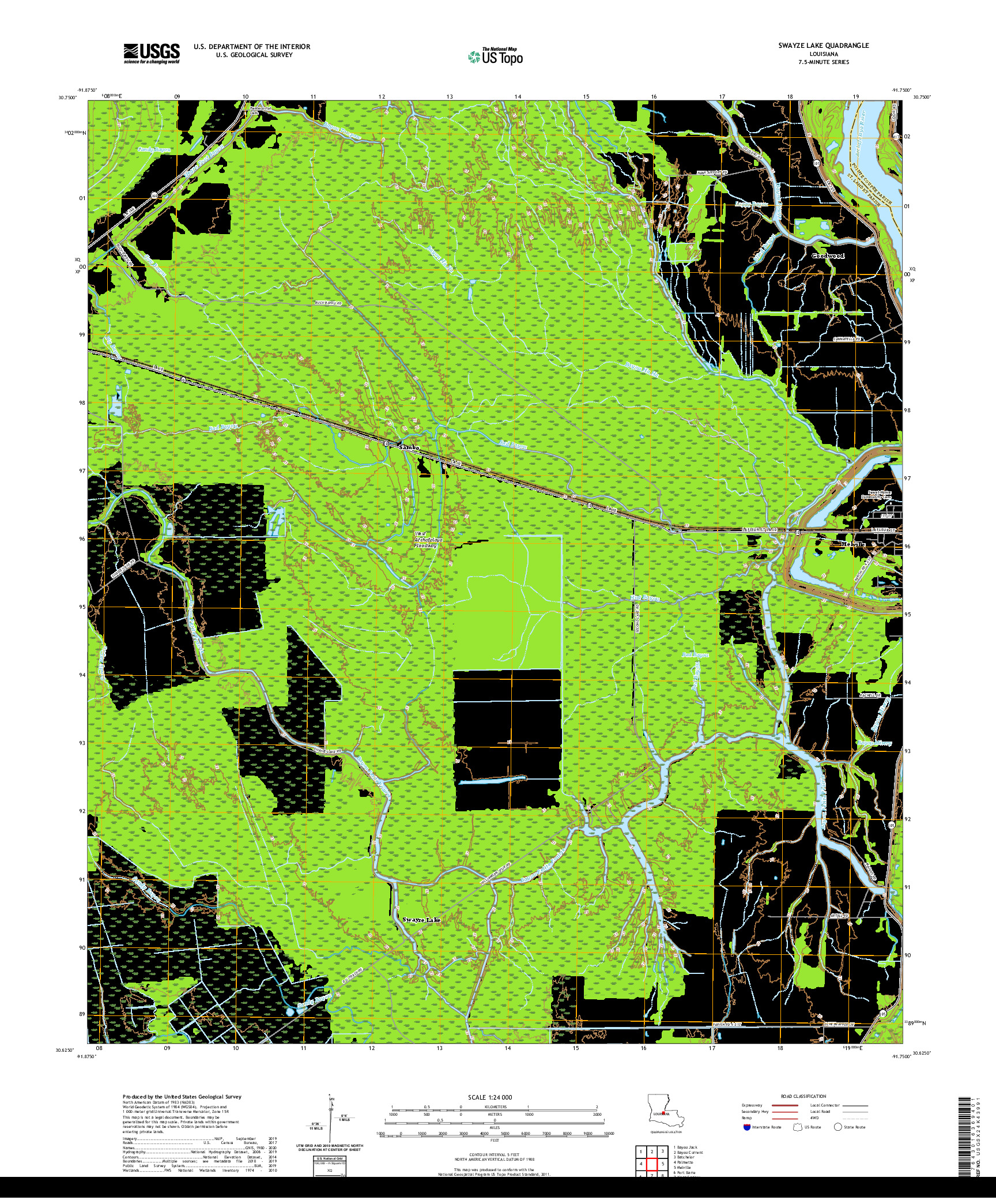 USGS US TOPO 7.5-MINUTE MAP FOR SWAYZE LAKE, LA 2020