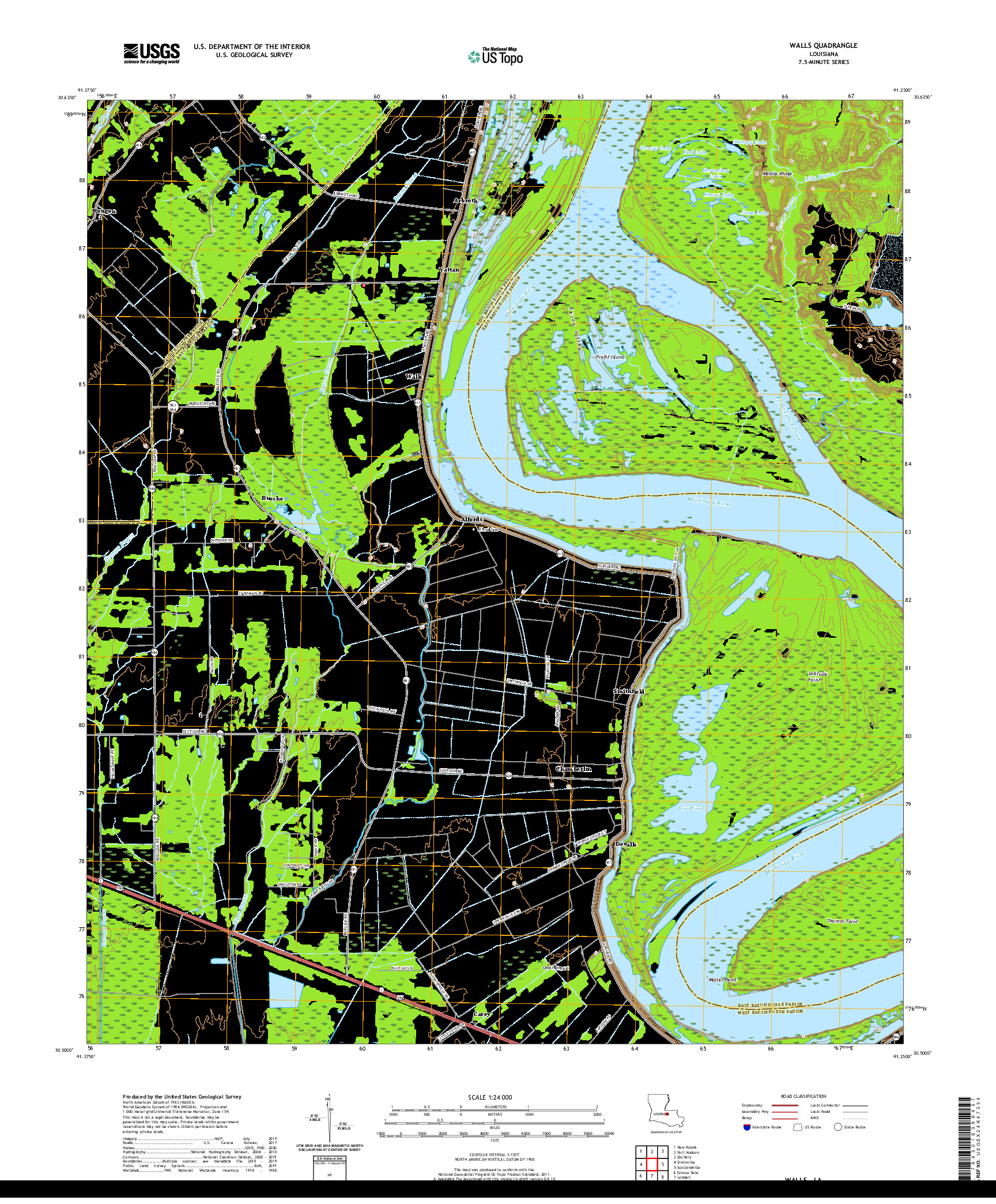 USGS US TOPO 7.5-MINUTE MAP FOR WALLS, LA 2020
