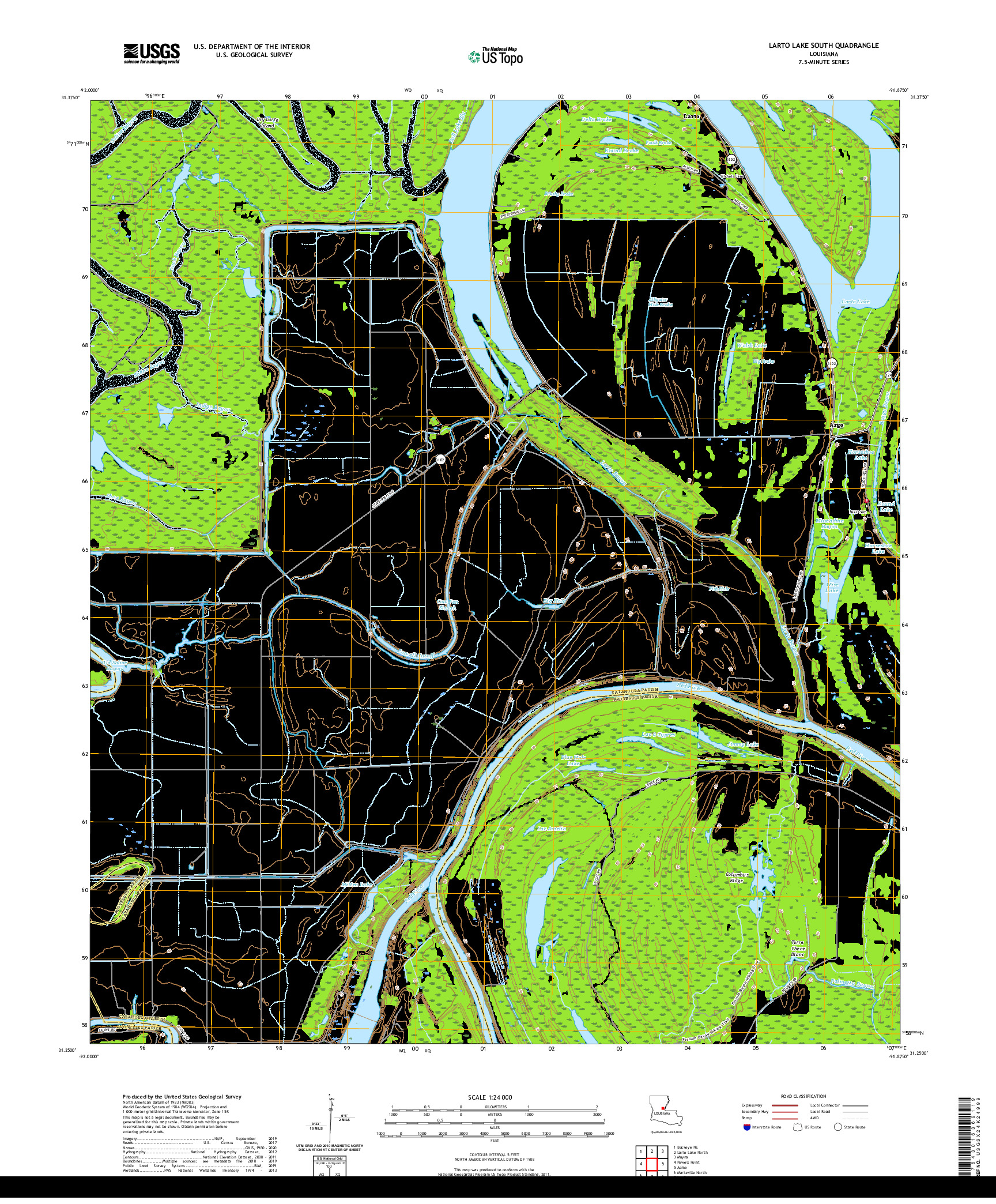 USGS US TOPO 7.5-MINUTE MAP FOR LARTO LAKE SOUTH, LA 2020