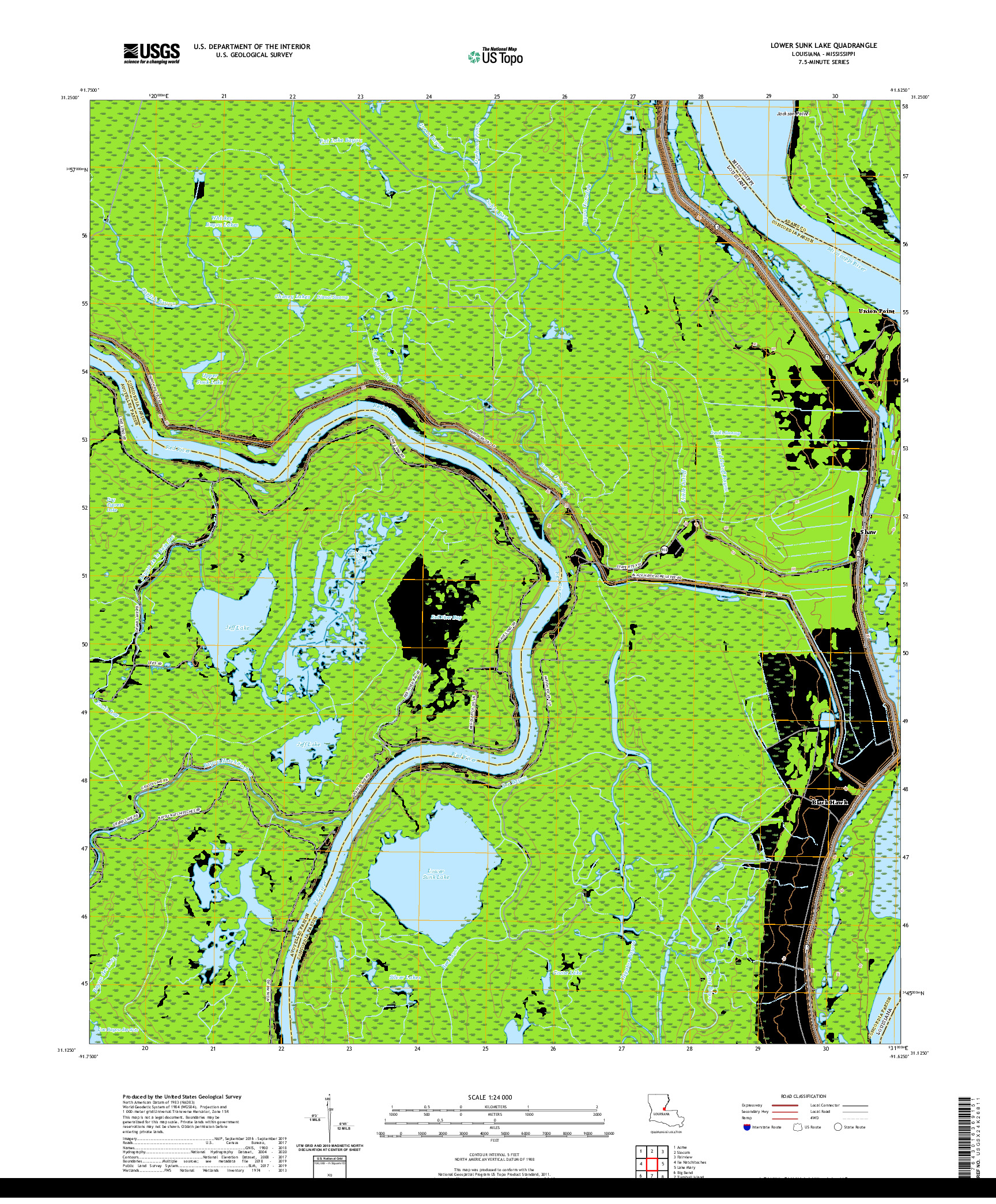USGS US TOPO 7.5-MINUTE MAP FOR LOWER SUNK LAKE, LA,MS 2020