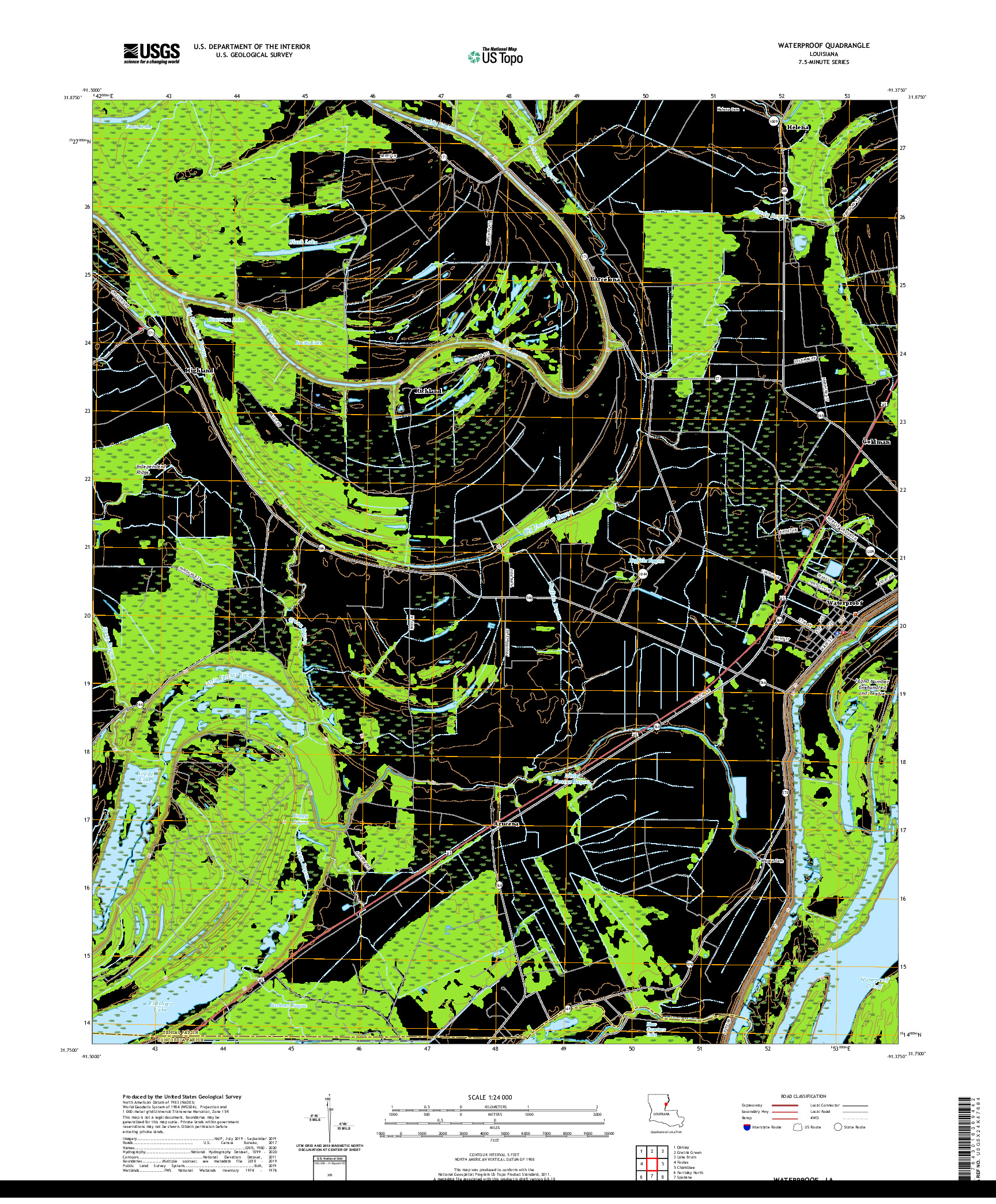 USGS US TOPO 7.5-MINUTE MAP FOR WATERPROOF, LA 2020