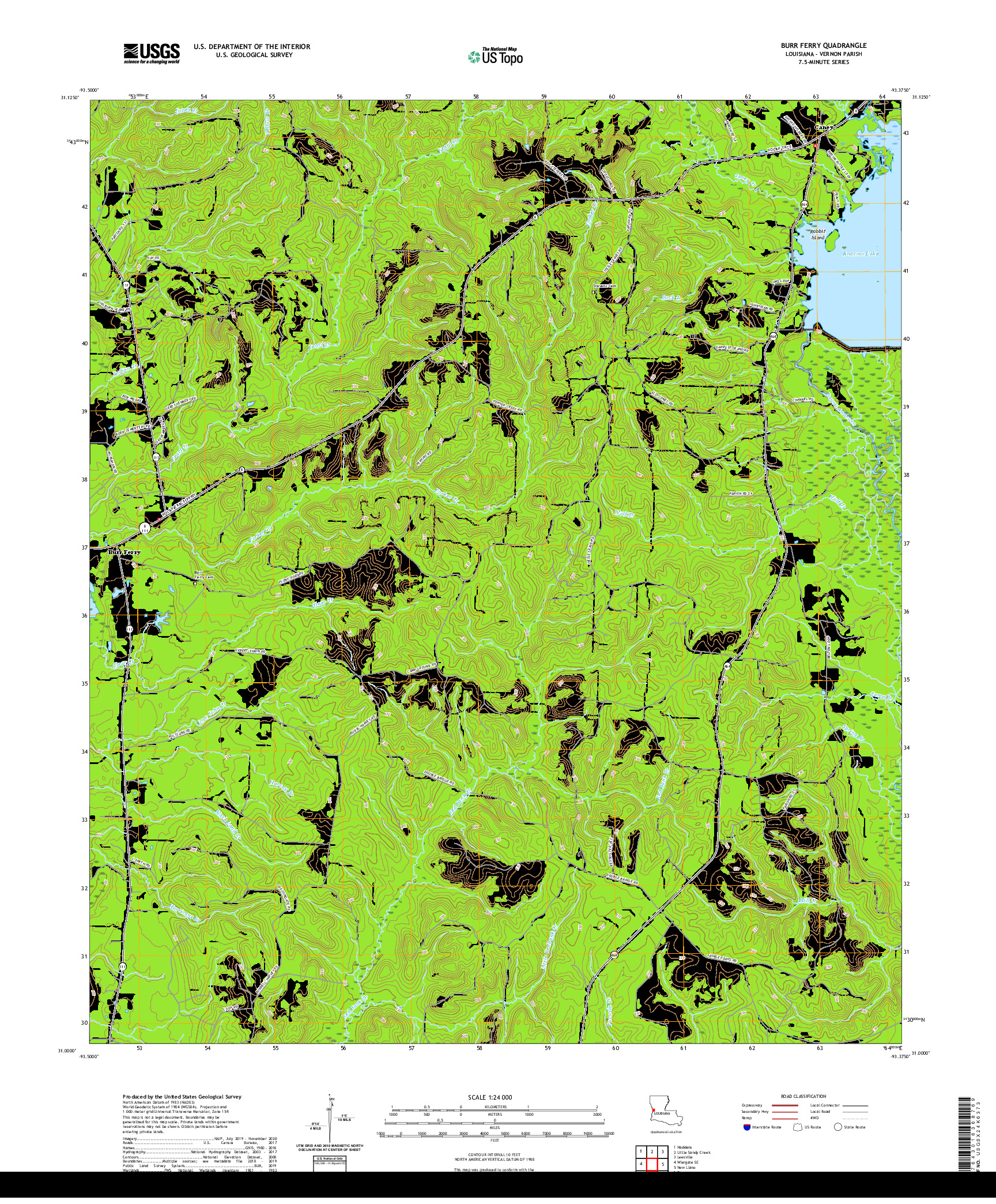 USGS US TOPO 7.5-MINUTE MAP FOR BURR FERRY, LA 2020