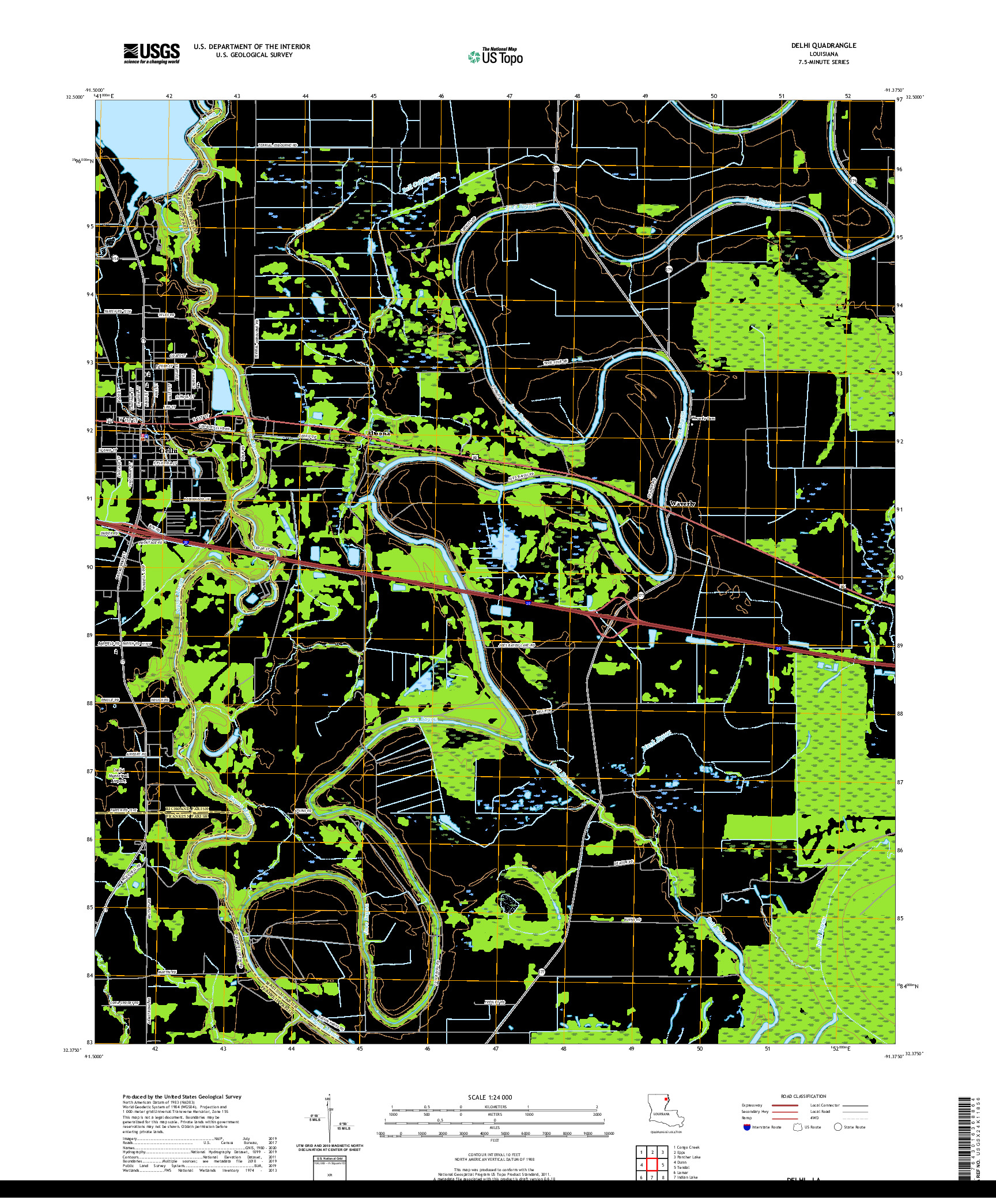 USGS US TOPO 7.5-MINUTE MAP FOR DELHI, LA 2020