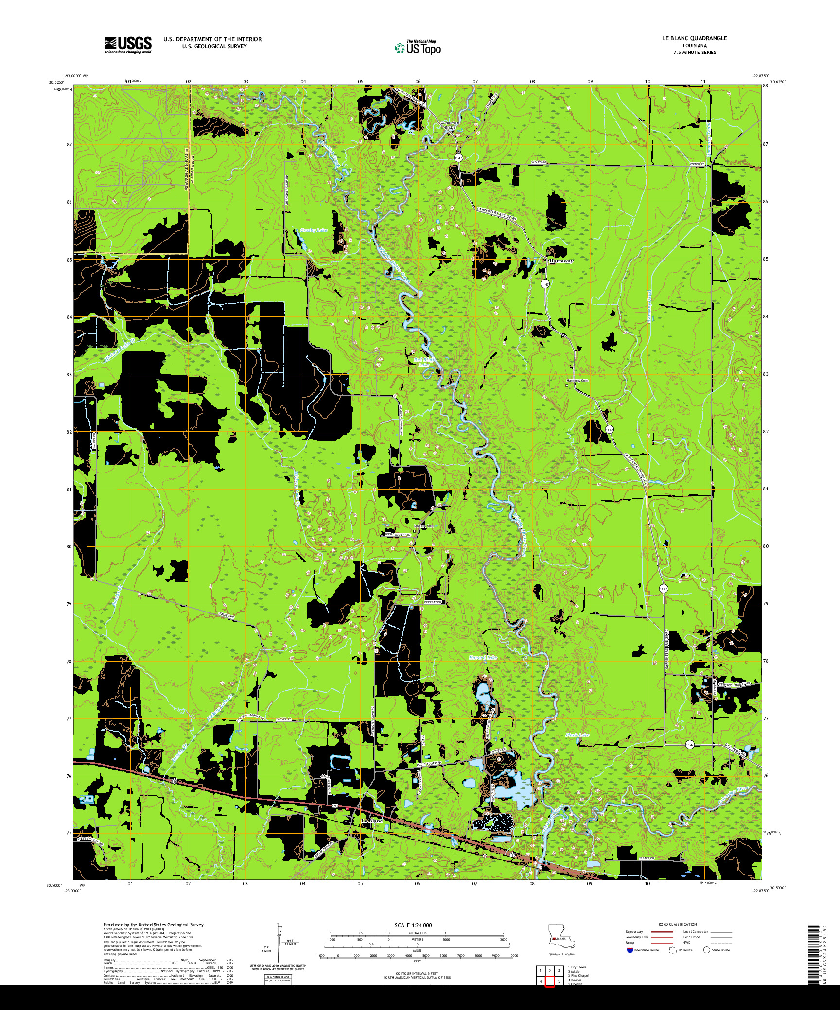 USGS US TOPO 7.5-MINUTE MAP FOR LE BLANC, LA 2020