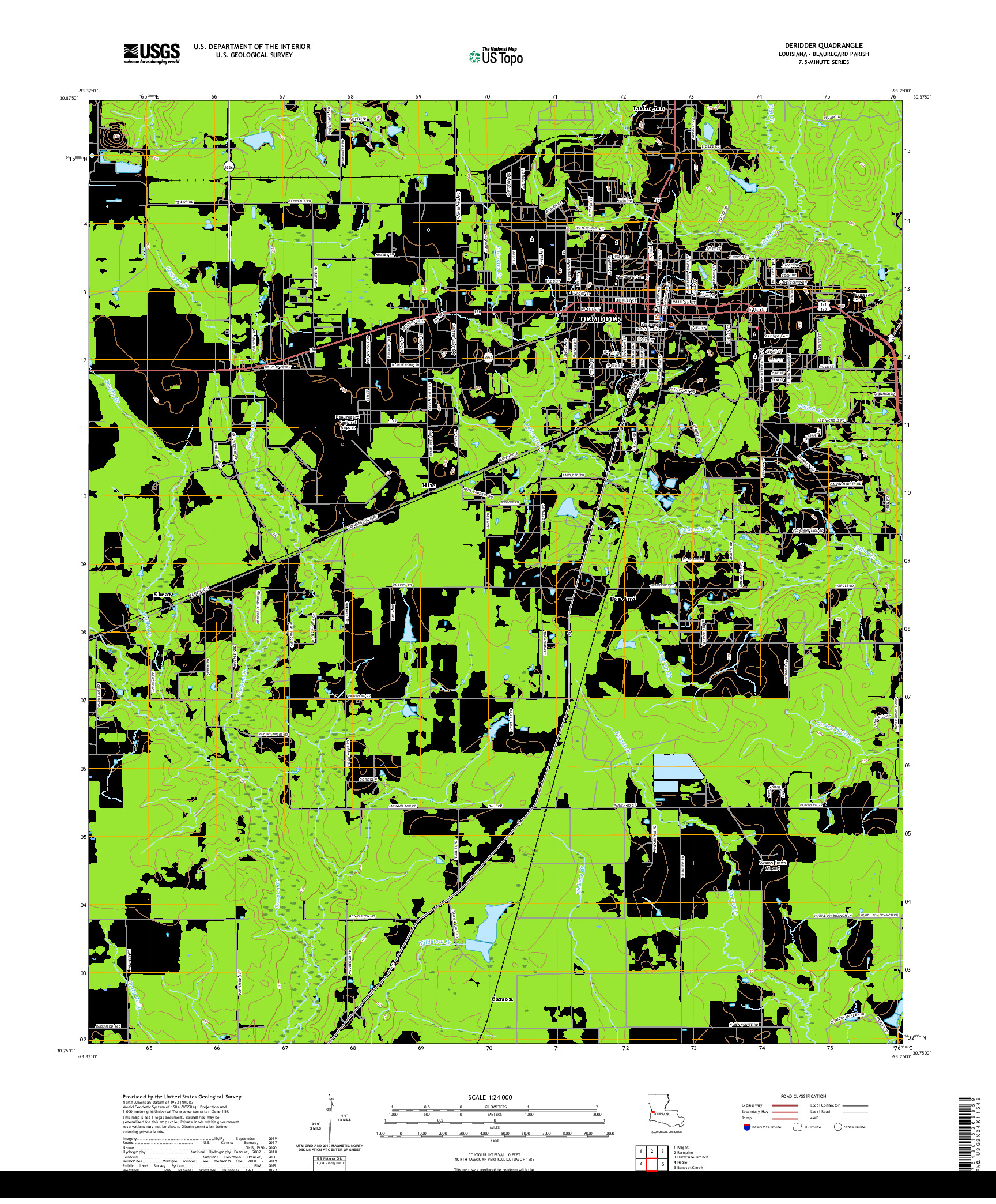 USGS US TOPO 7.5-MINUTE MAP FOR DERIDDER, LA 2020