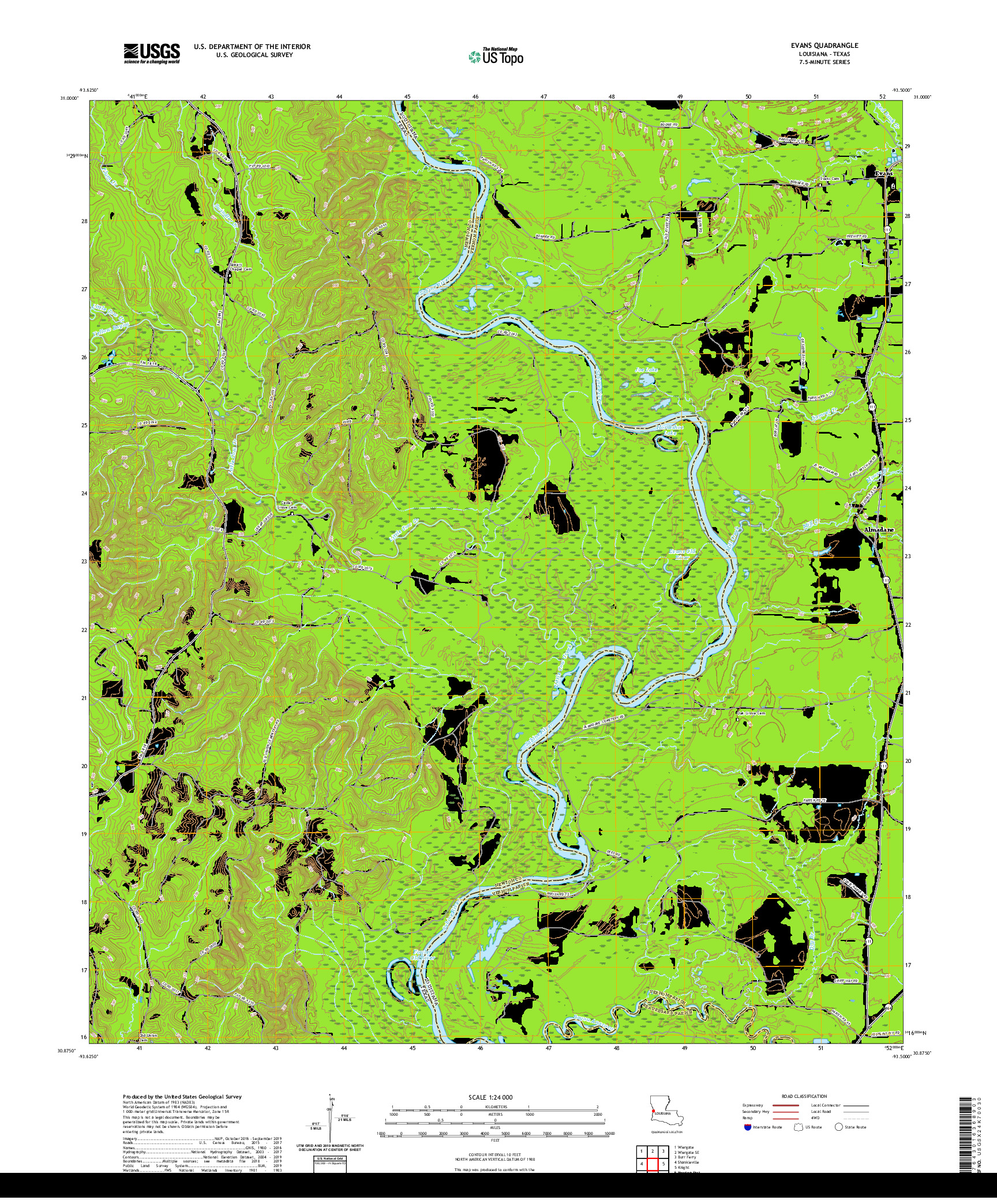USGS US TOPO 7.5-MINUTE MAP FOR EVANS, LA,TX 2020
