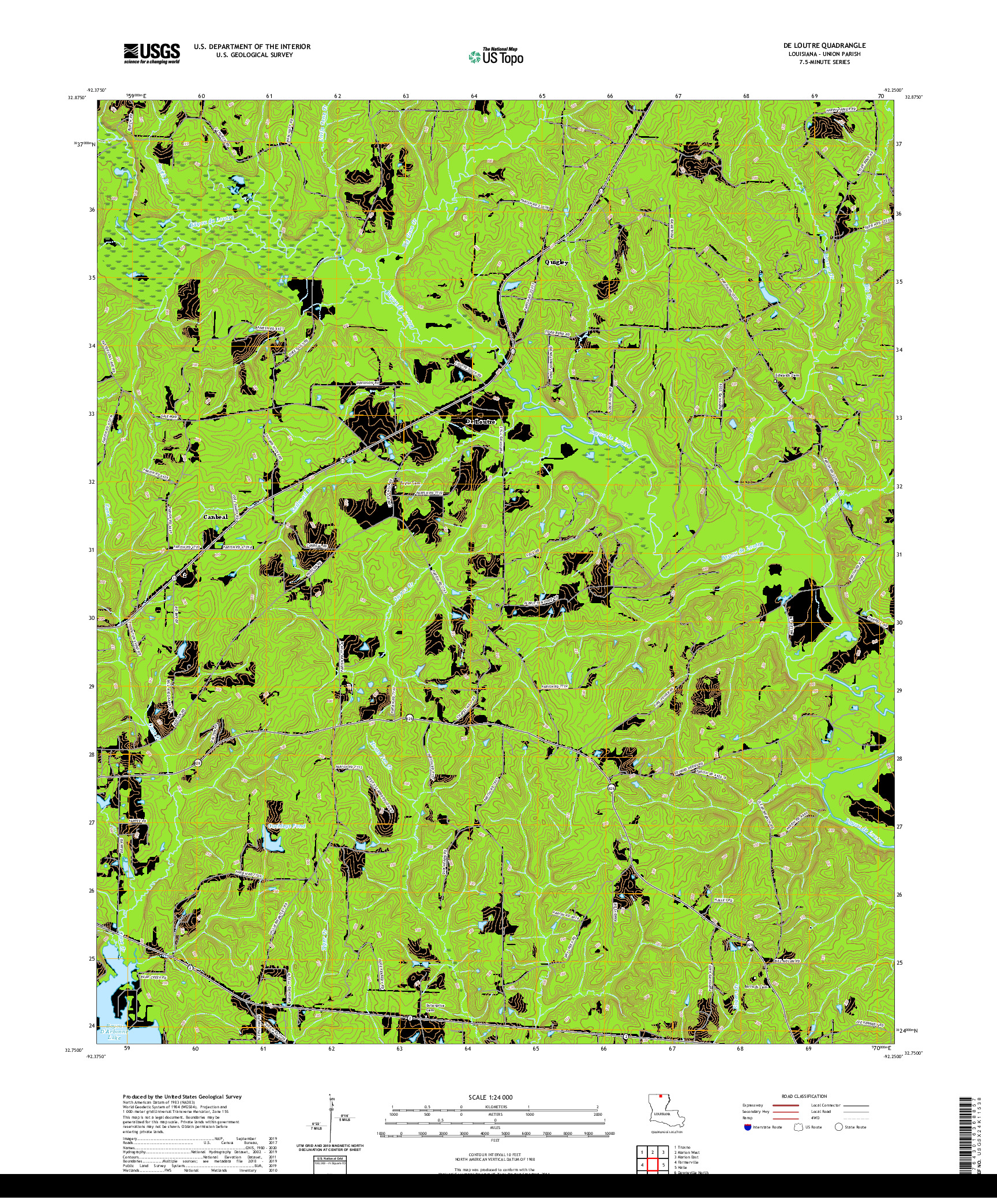 USGS US TOPO 7.5-MINUTE MAP FOR DE LOUTRE, LA 2020