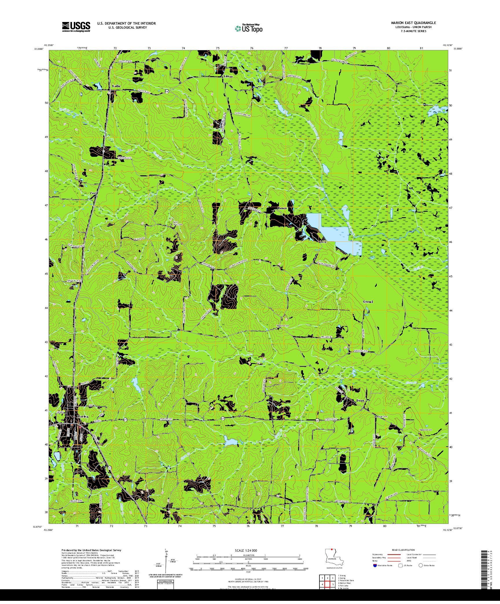 USGS US TOPO 7.5-MINUTE MAP FOR MARION EAST, LA 2020
