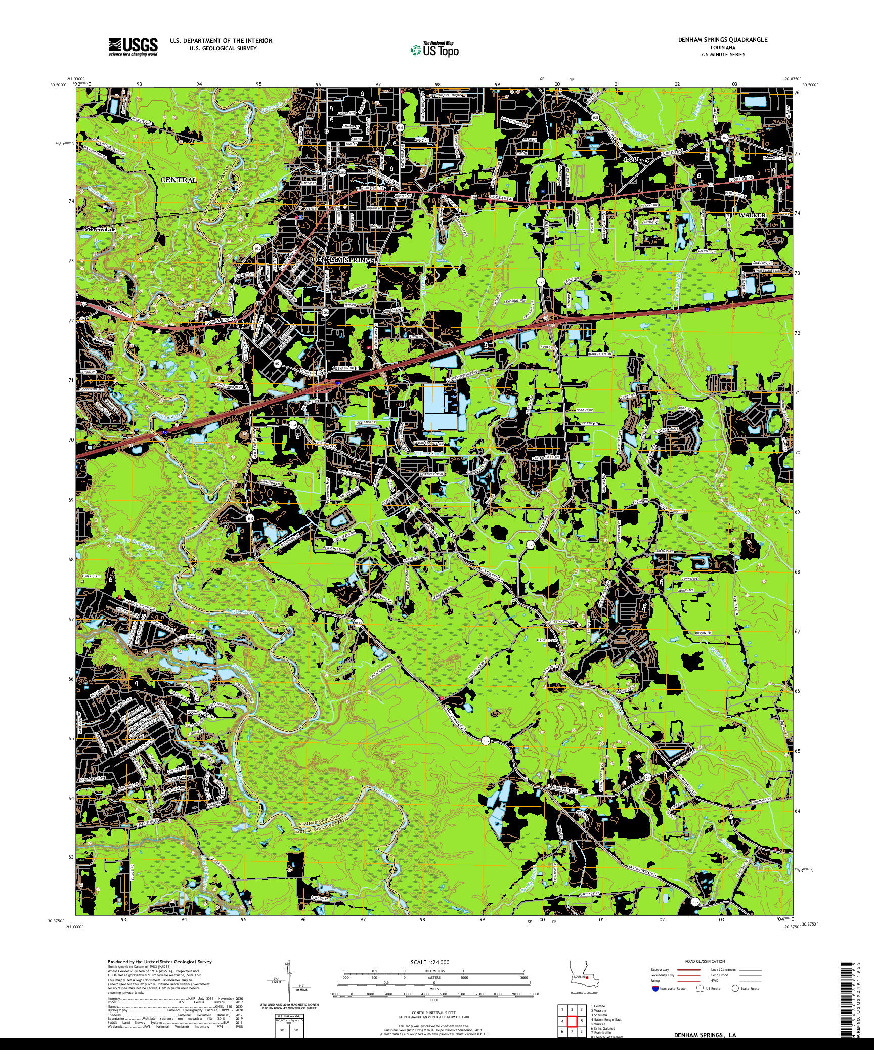 USGS US TOPO 7.5-MINUTE MAP FOR DENHAM SPRINGS, LA 2020