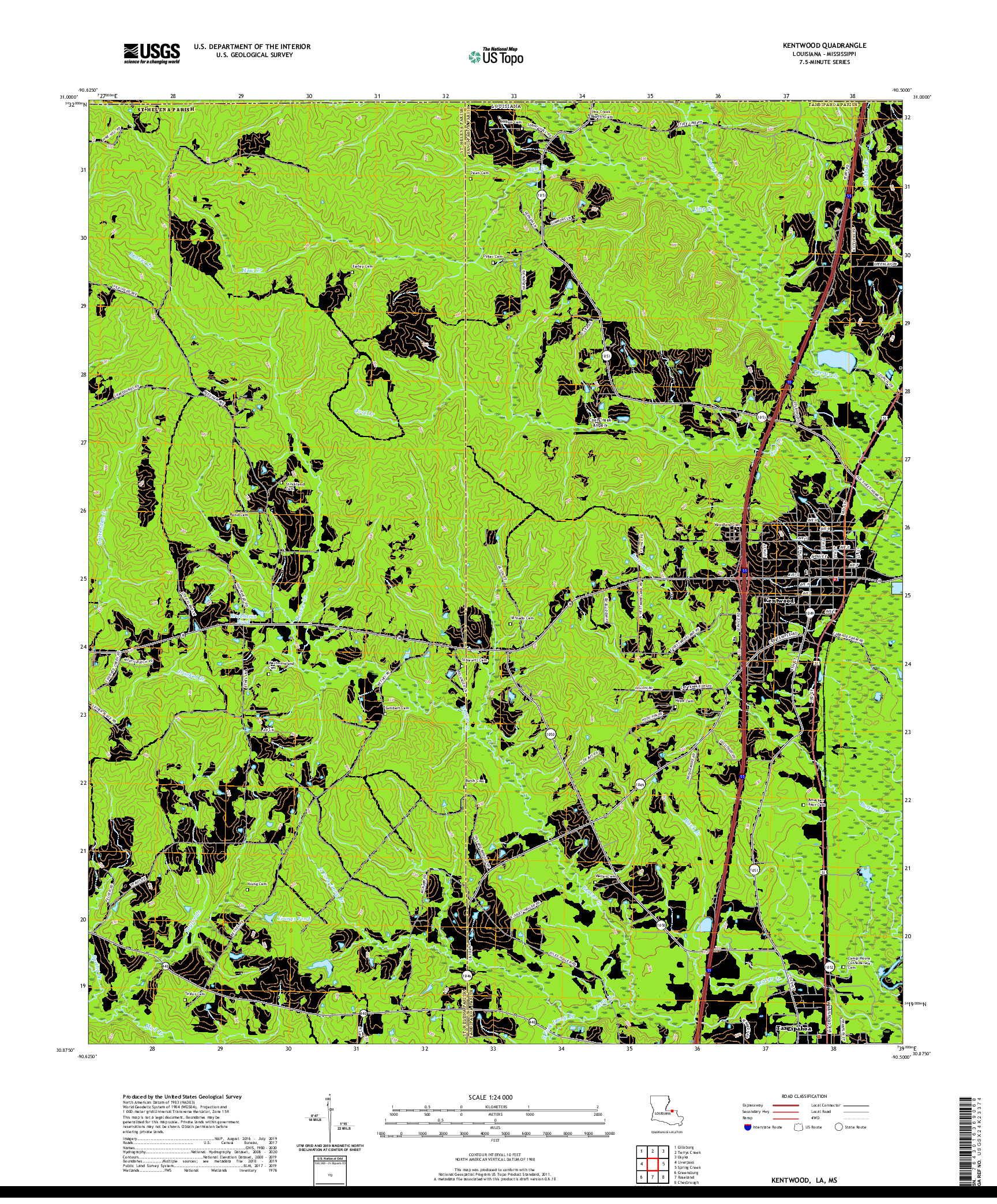 USGS US TOPO 7.5-MINUTE MAP FOR KENTWOOD, LA,MS 2020