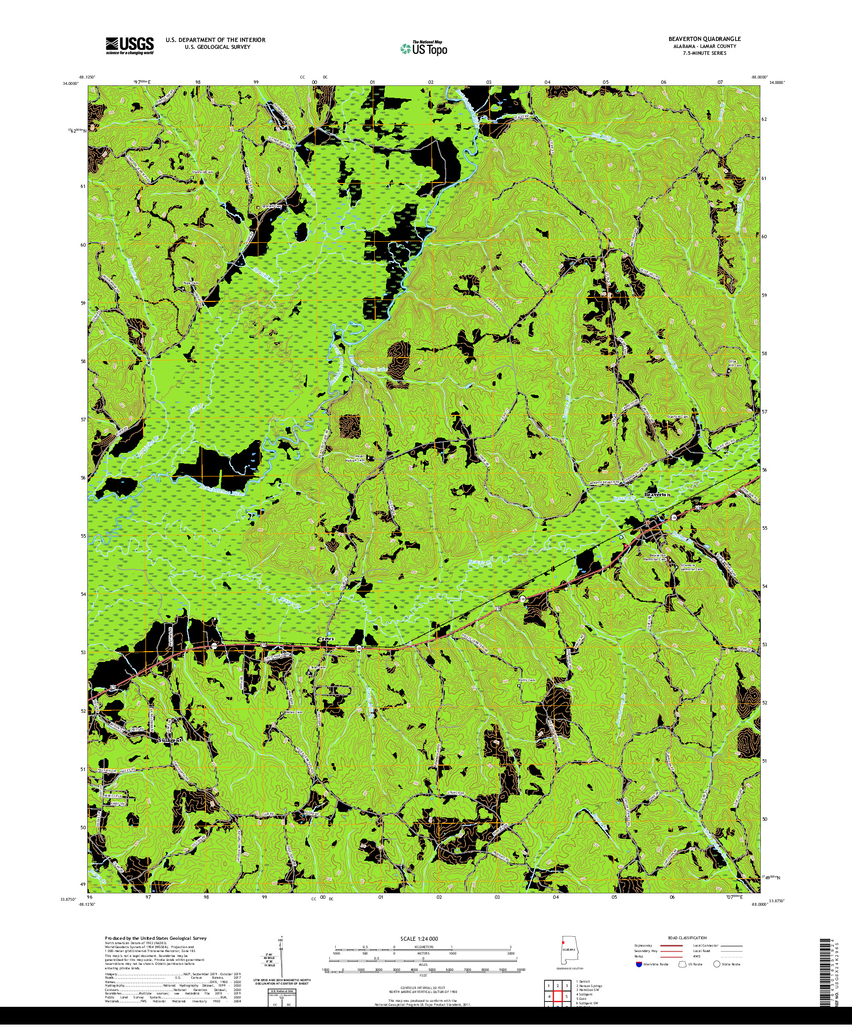 USGS US TOPO 7.5-MINUTE MAP FOR BEAVERTON, AL 2020