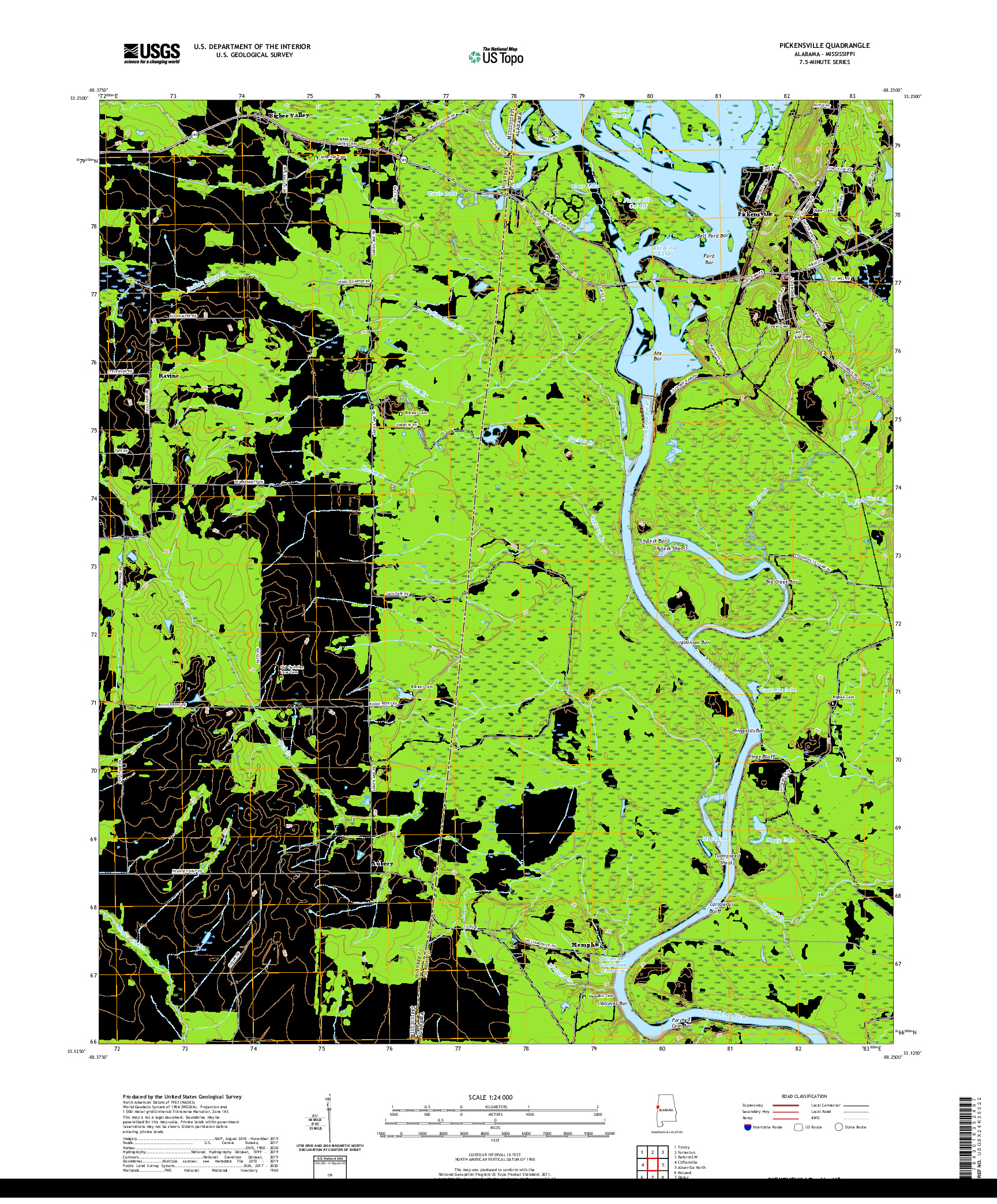 USGS US TOPO 7.5-MINUTE MAP FOR PICKENSVILLE, AL,MS 2020