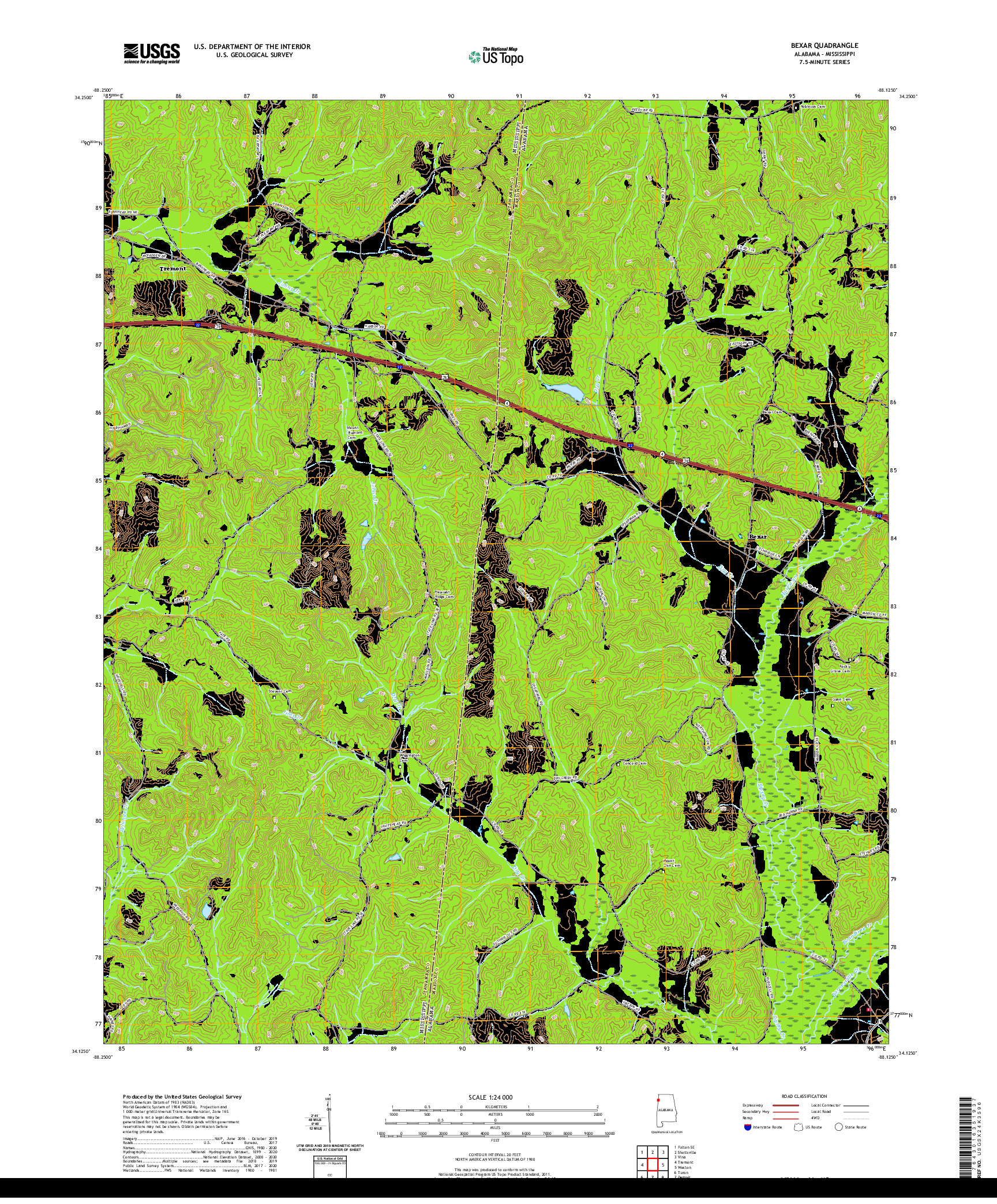 USGS US TOPO 7.5-MINUTE MAP FOR BEXAR, AL,MS 2020