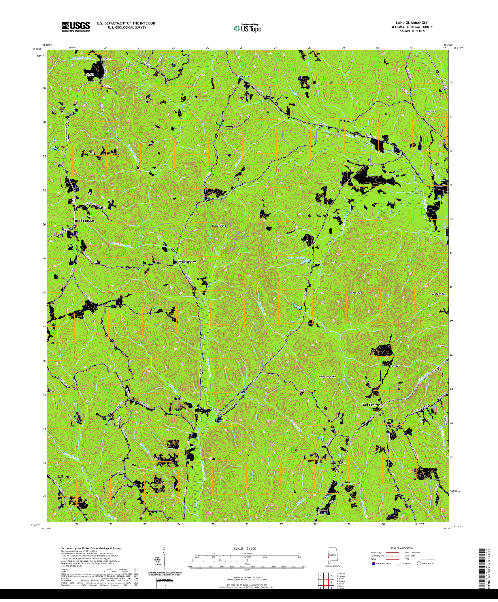 USGS US TOPO 7.5-MINUTE MAP FOR LAND, AL 2020