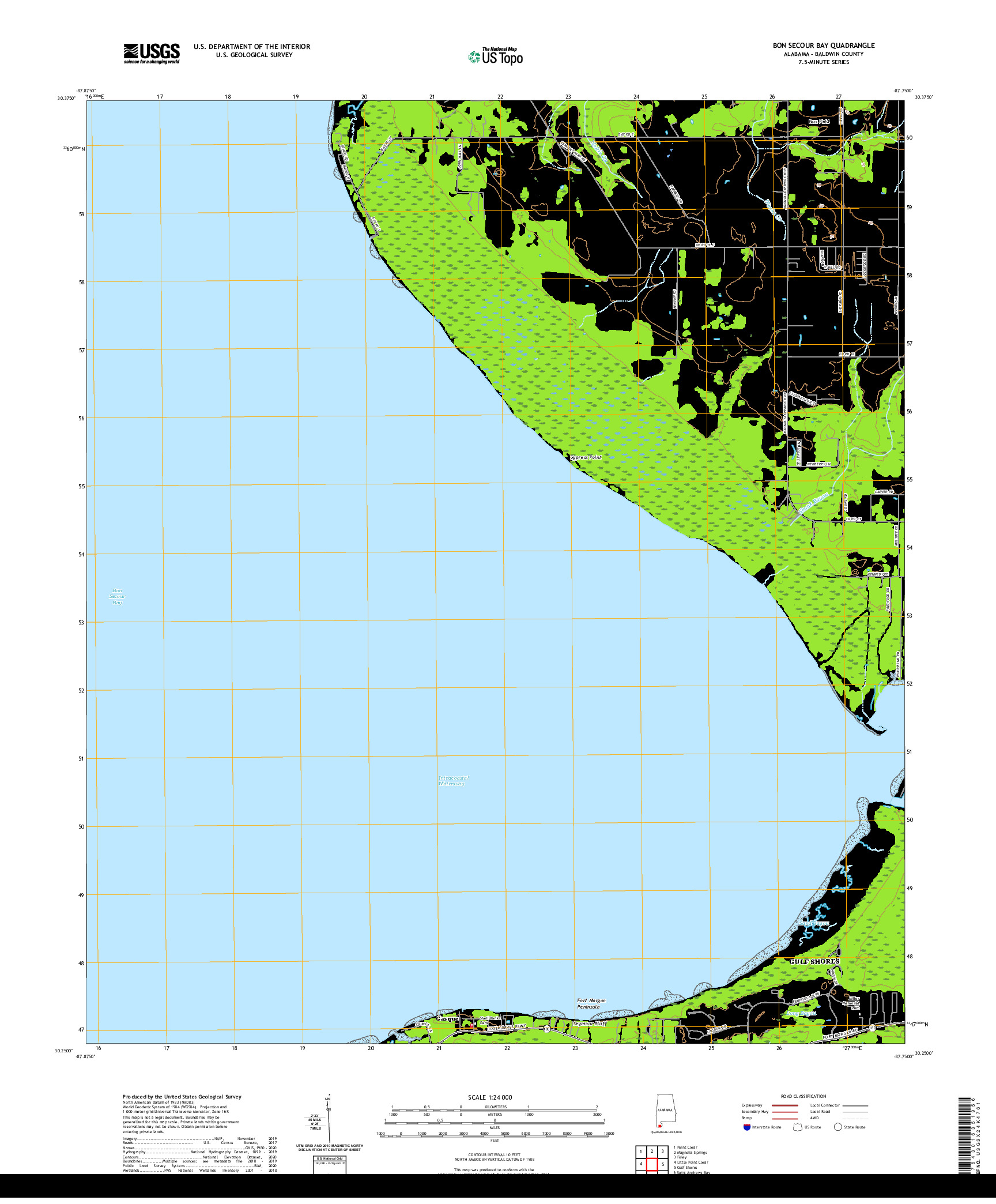 USGS US TOPO 7.5-MINUTE MAP FOR BON SECOUR BAY, AL 2020