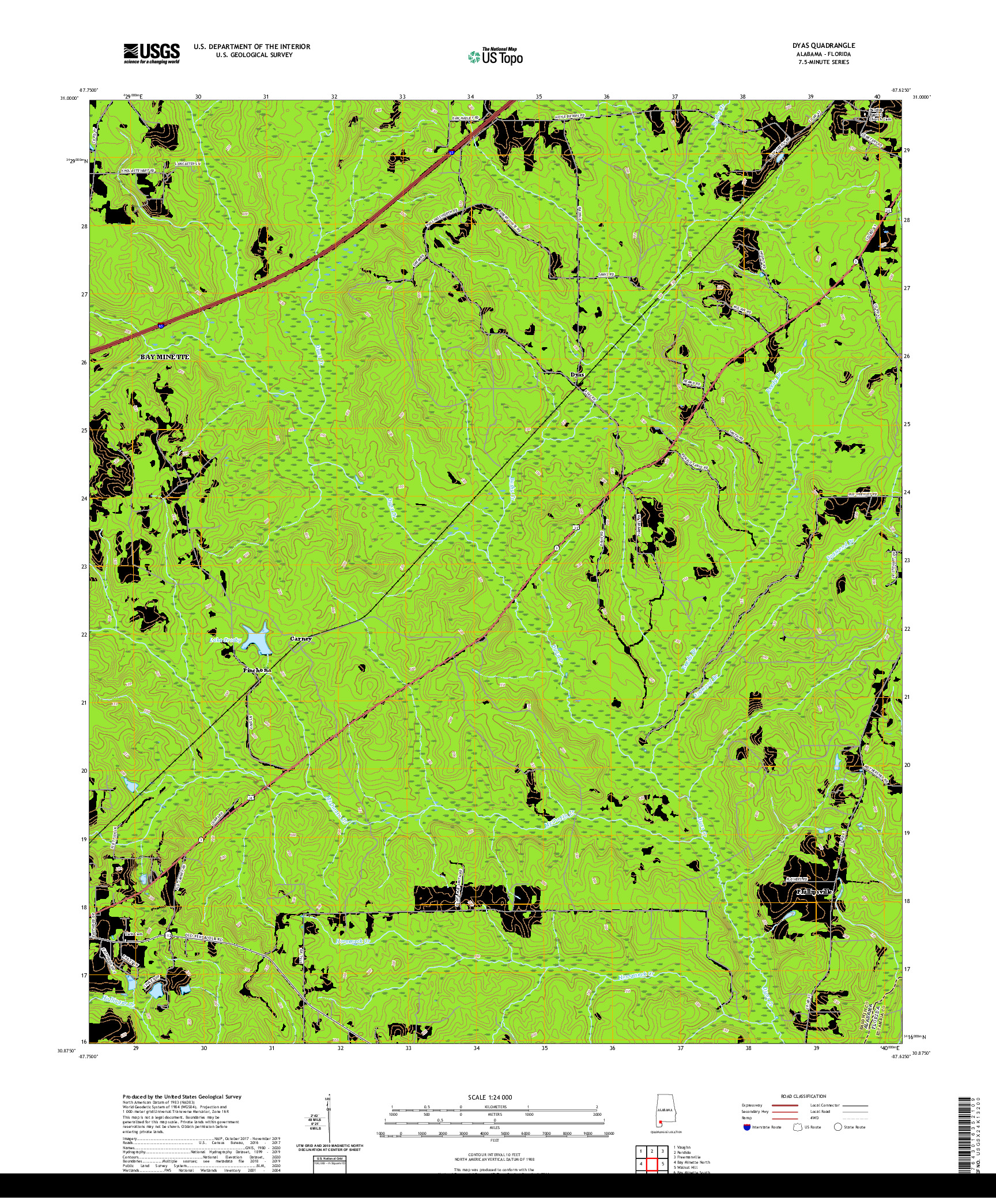 USGS US TOPO 7.5-MINUTE MAP FOR DYAS, AL,FL 2020