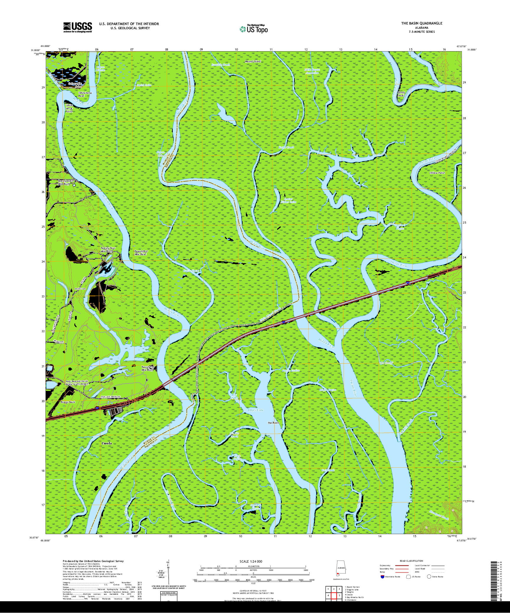 USGS US TOPO 7.5-MINUTE MAP FOR THE BASIN, AL 2020