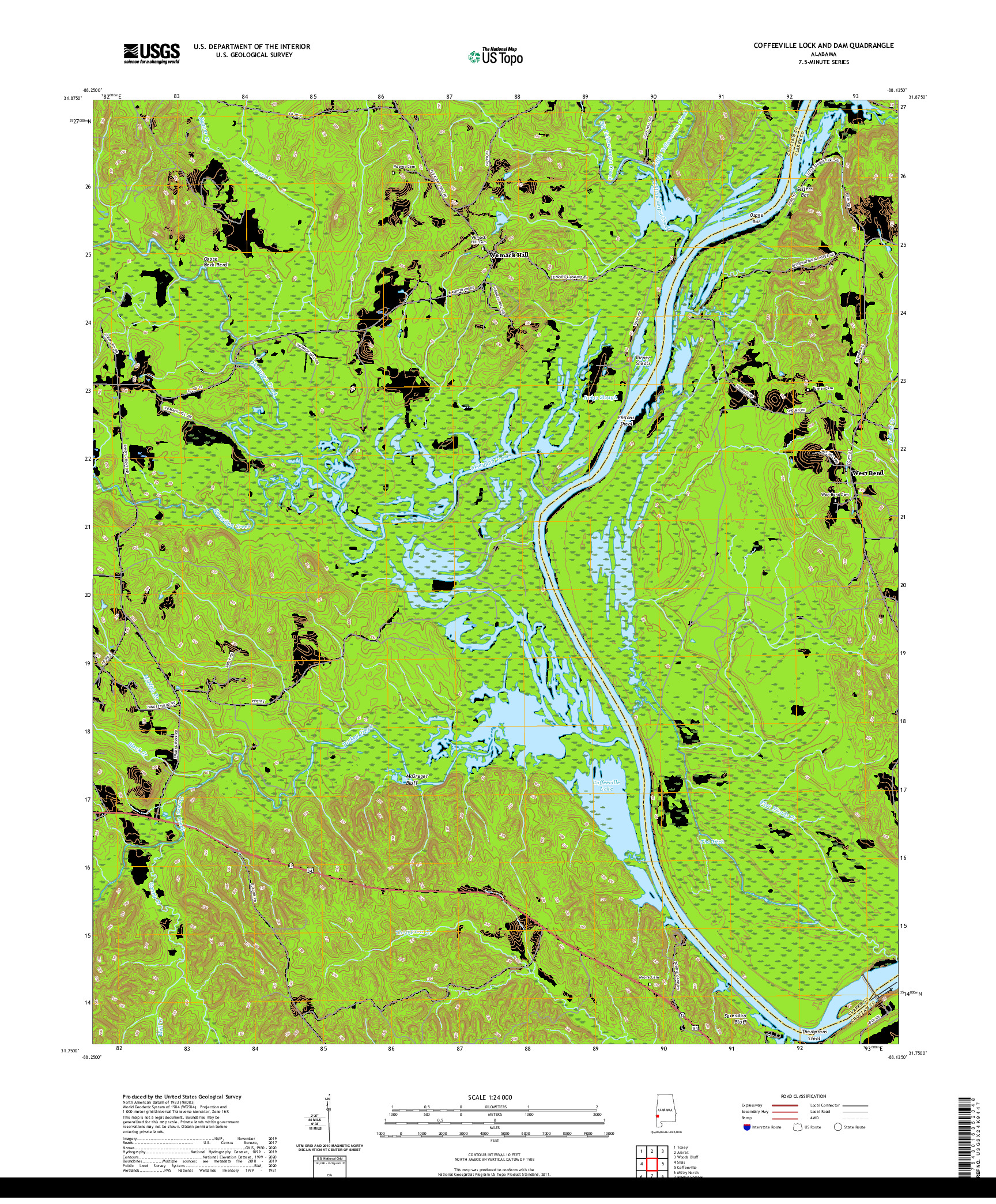 USGS US TOPO 7.5-MINUTE MAP FOR COFFEEVILLE LOCK AND DAM, AL 2020