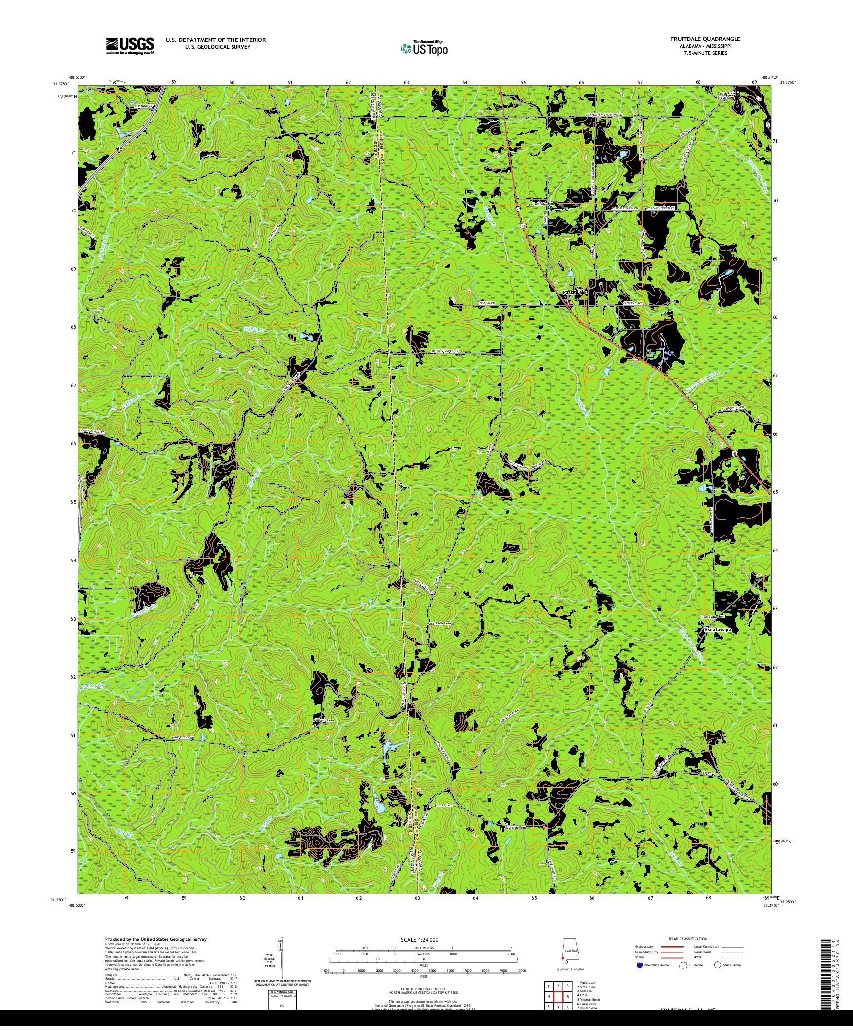 USGS US TOPO 7.5-MINUTE MAP FOR FRUITDALE, AL,MS 2020