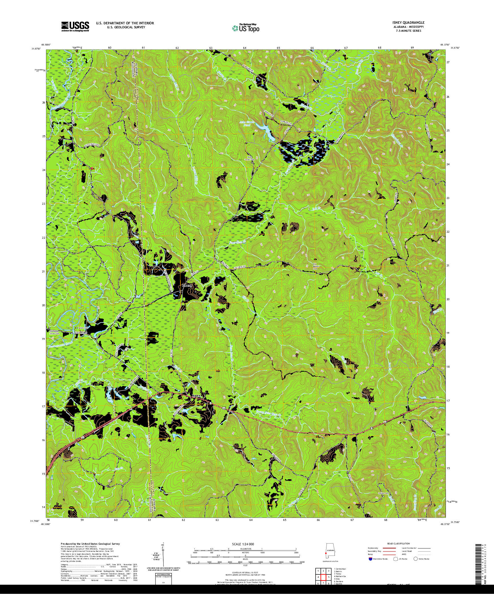 USGS US TOPO 7.5-MINUTE MAP FOR ISNEY, AL,MS 2020