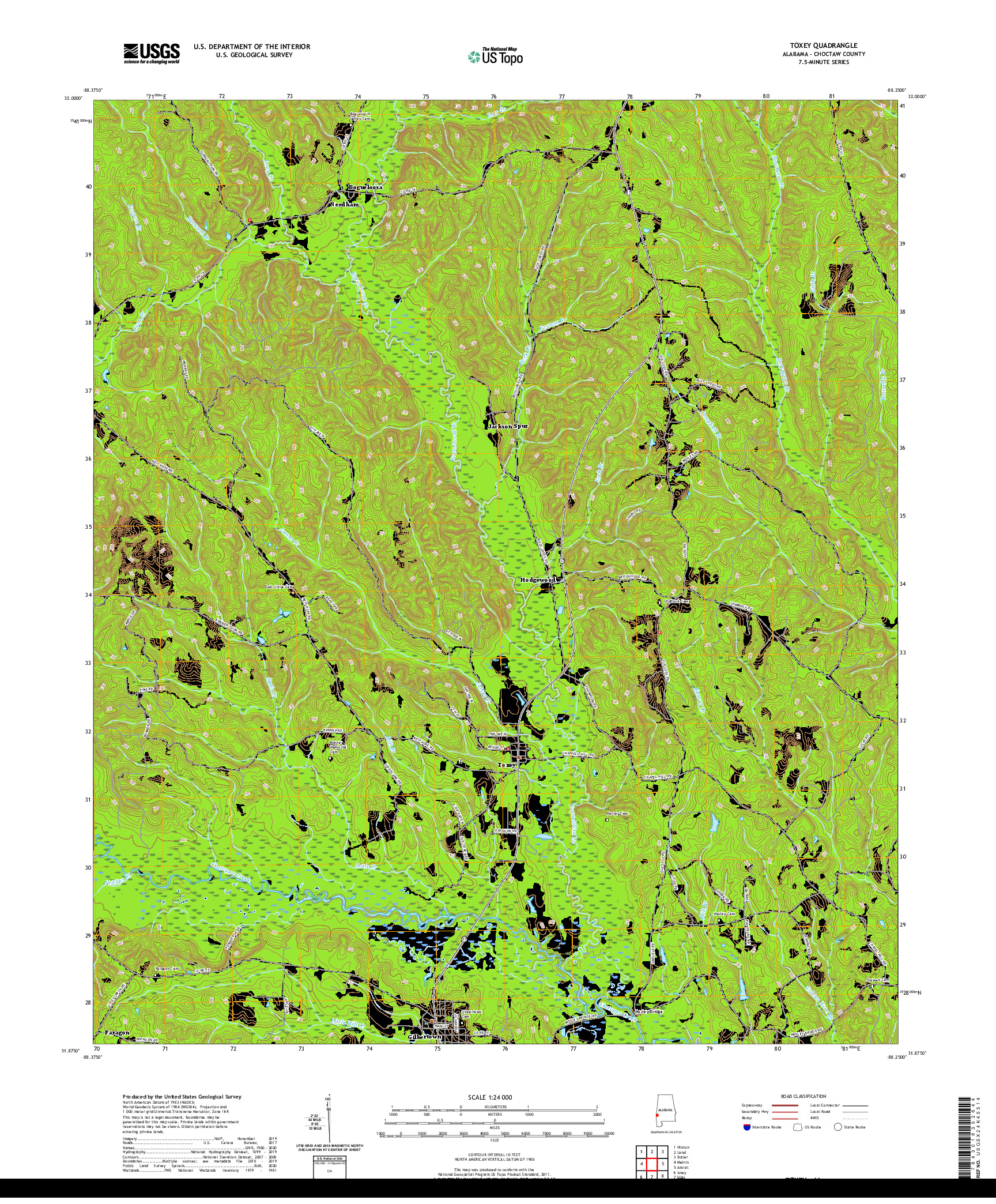 USGS US TOPO 7.5-MINUTE MAP FOR TOXEY, AL 2020