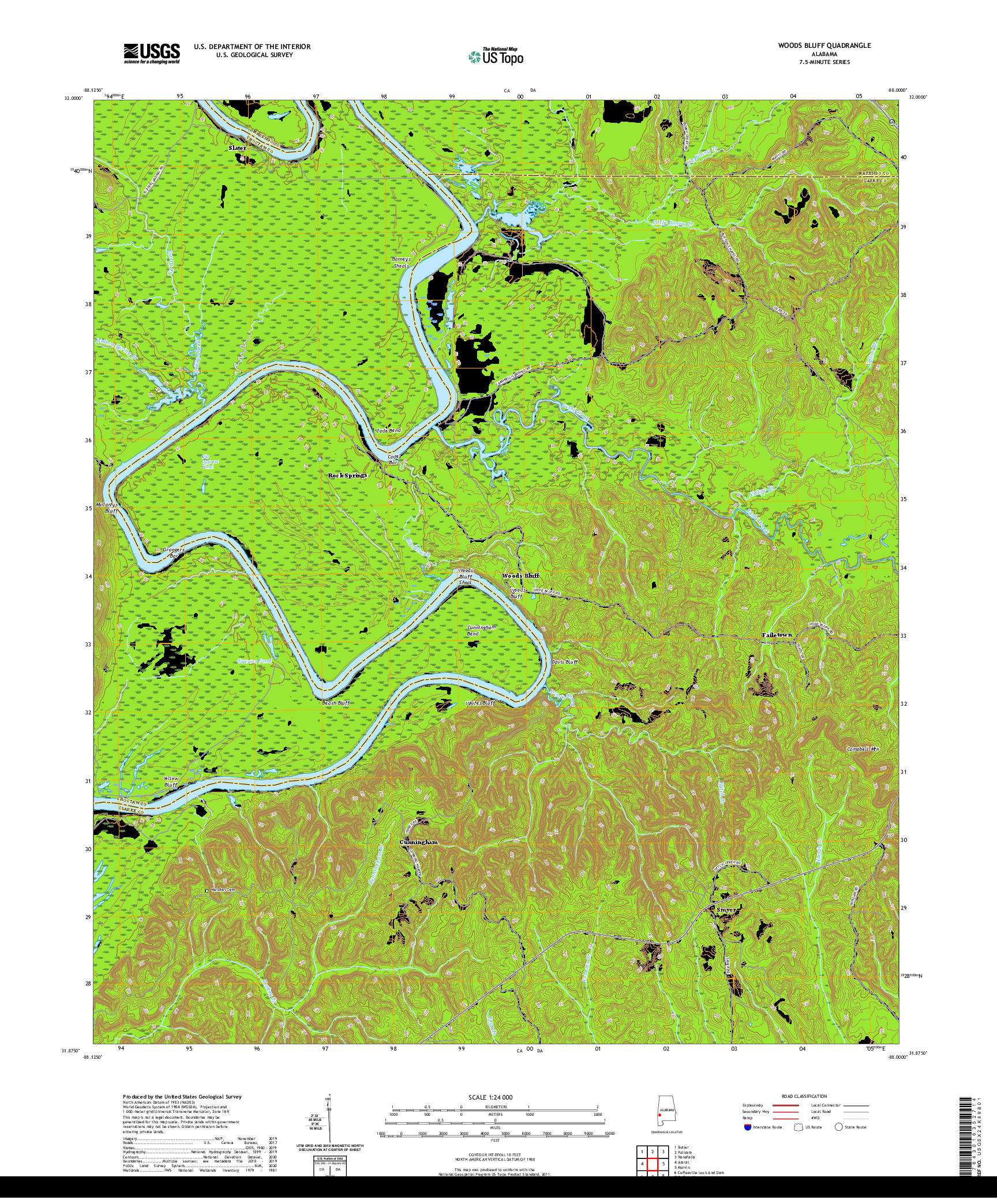 USGS US TOPO 7.5-MINUTE MAP FOR WOODS BLUFF, AL 2020