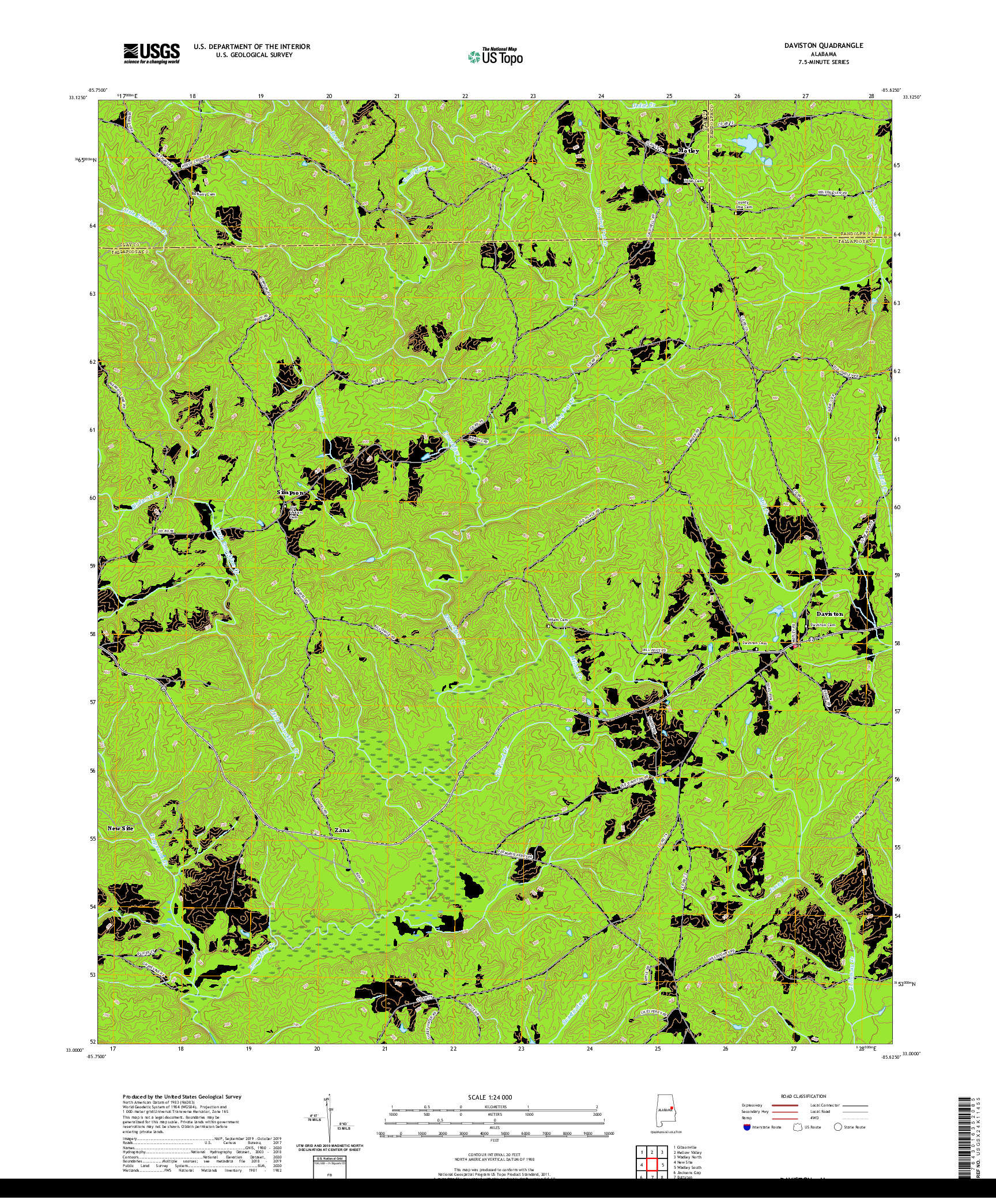 USGS US TOPO 7.5-MINUTE MAP FOR DAVISTON, AL 2020