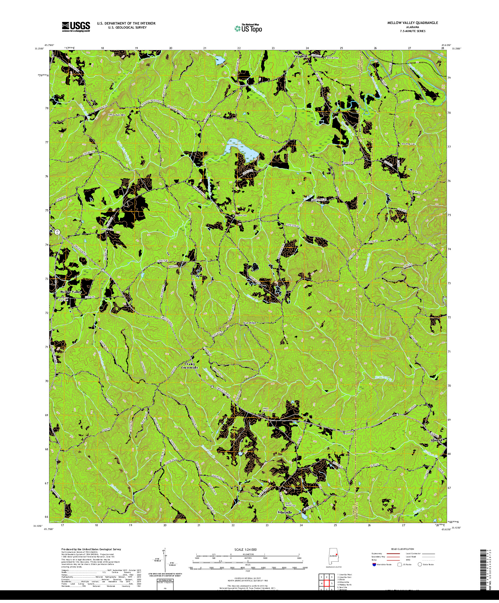 USGS US TOPO 7.5-MINUTE MAP FOR MELLOW VALLEY, AL 2020