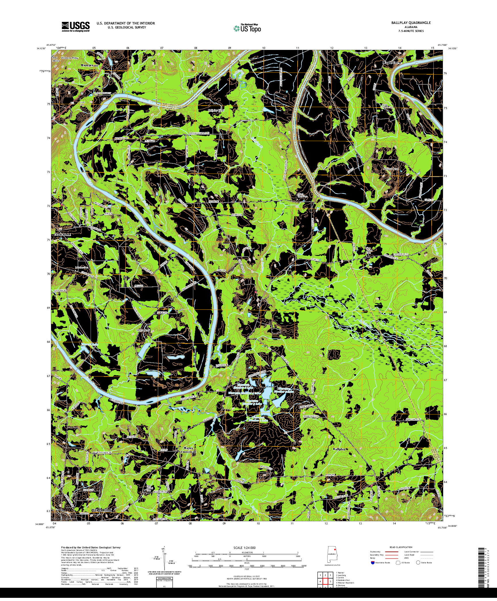 USGS US TOPO 7.5-MINUTE MAP FOR BALLPLAY, AL 2020