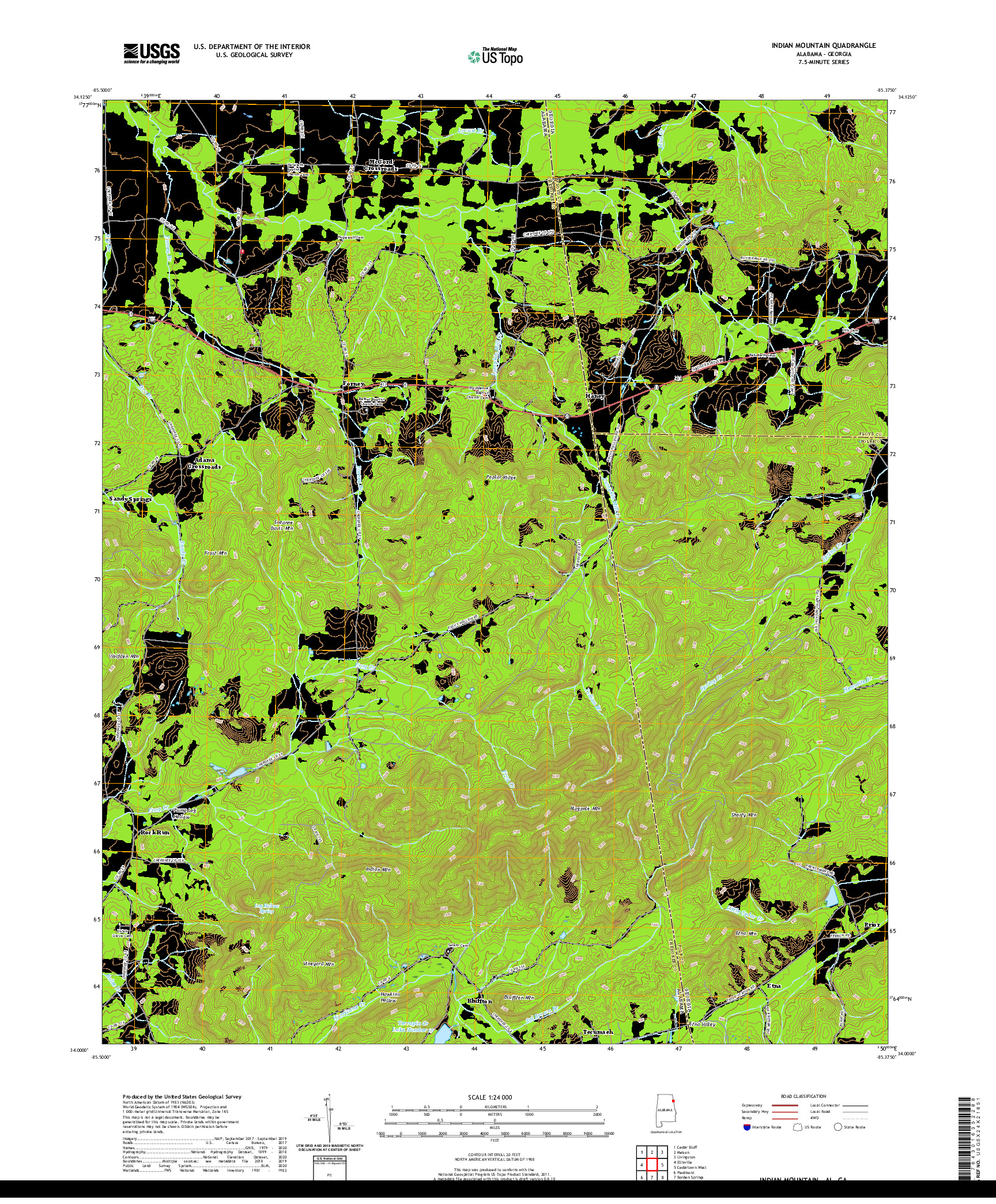 USGS US TOPO 7.5-MINUTE MAP FOR INDIAN MOUNTAIN, AL,GA 2020