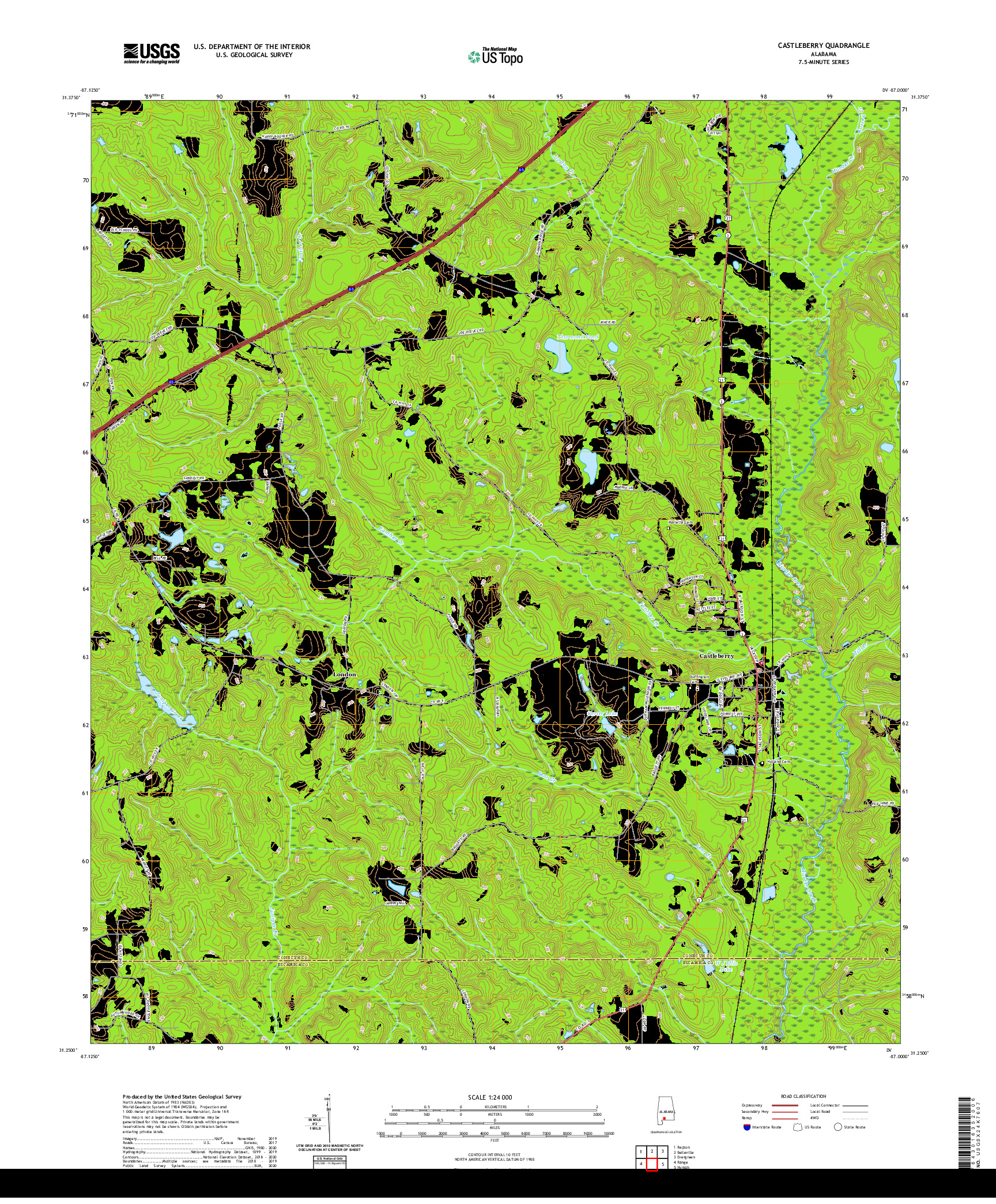 USGS US TOPO 7.5-MINUTE MAP FOR CASTLEBERRY, AL 2020